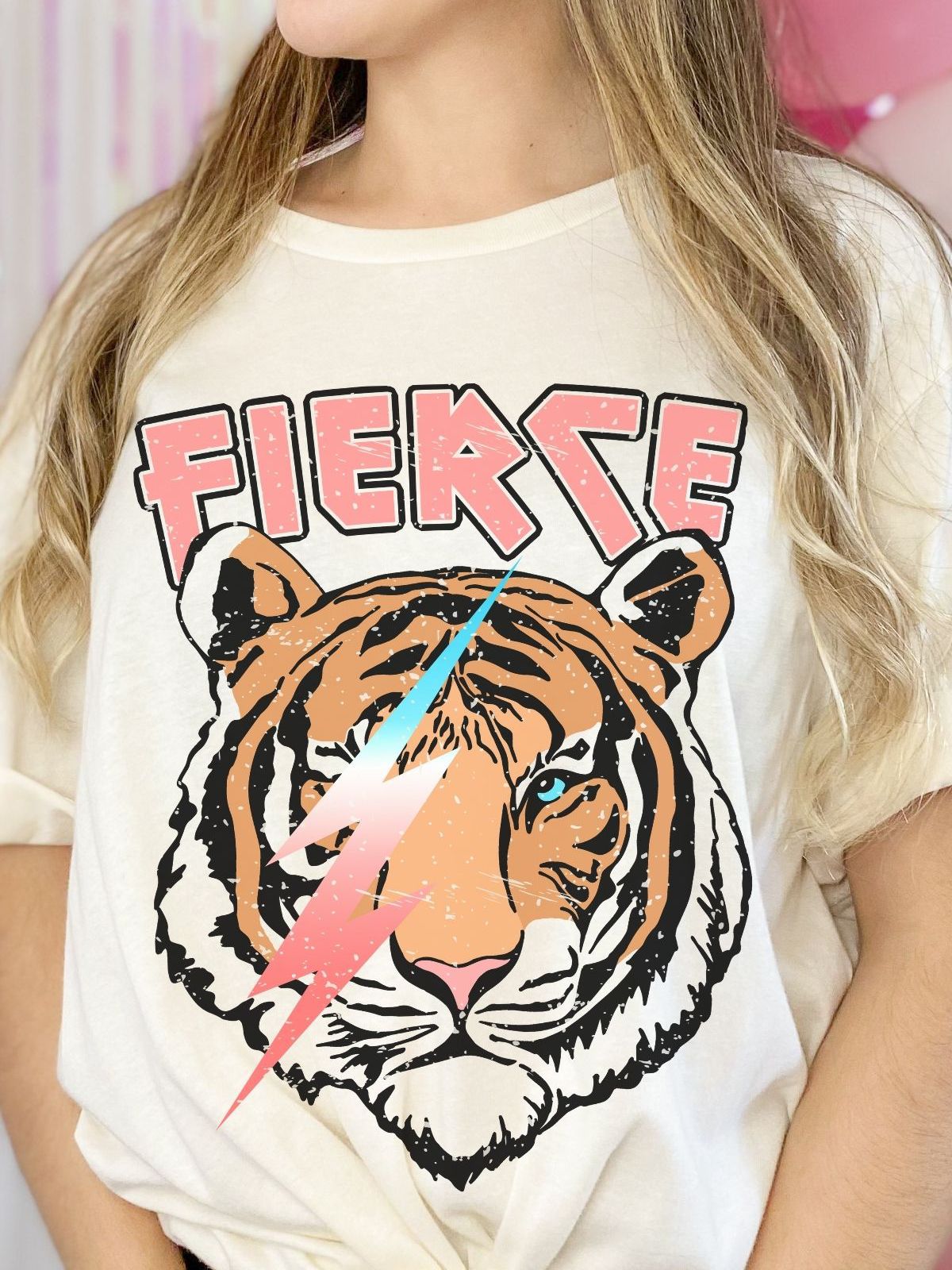 woman wearing fierce tiger graphic tee