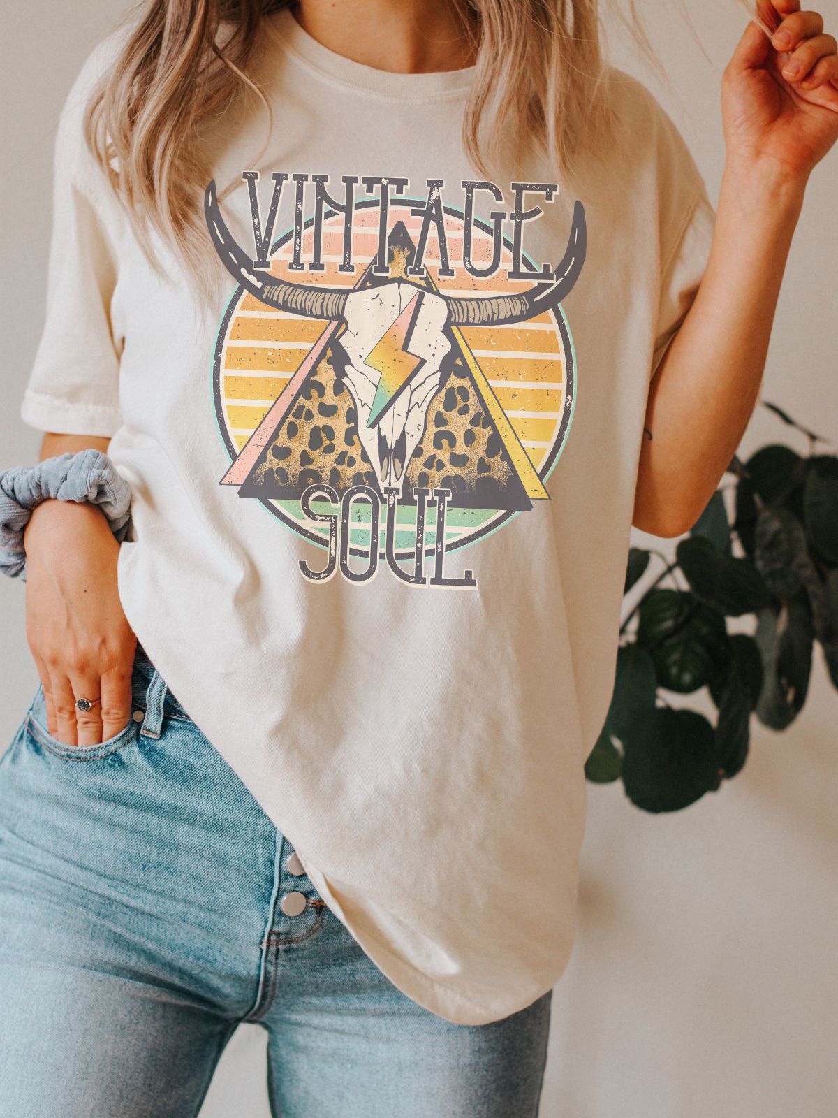 Vintage soul bull skull design on a t-shirt