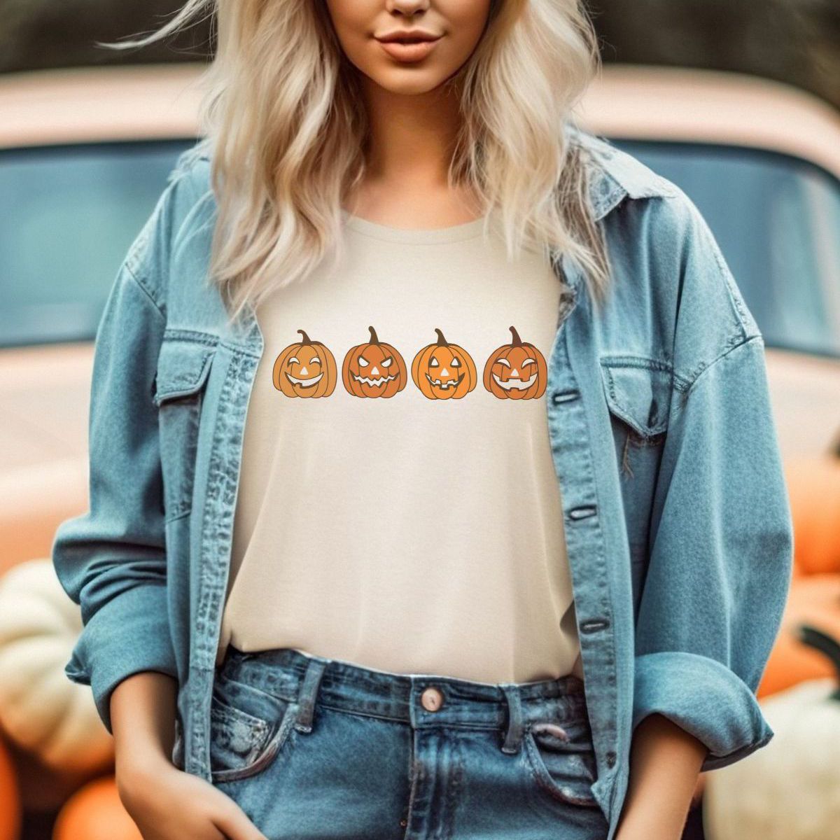 woman wearing a t-shirt with pumpkin design