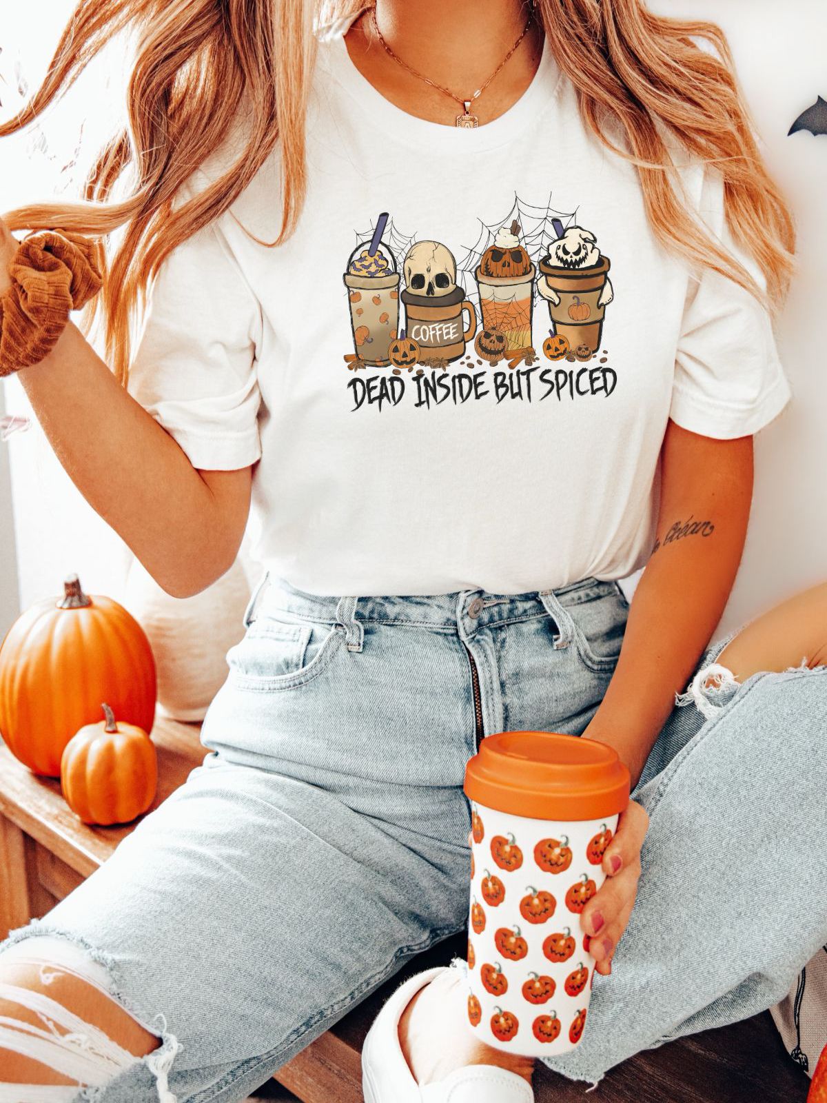woman wearing spooky coffee Halloween t-shirt