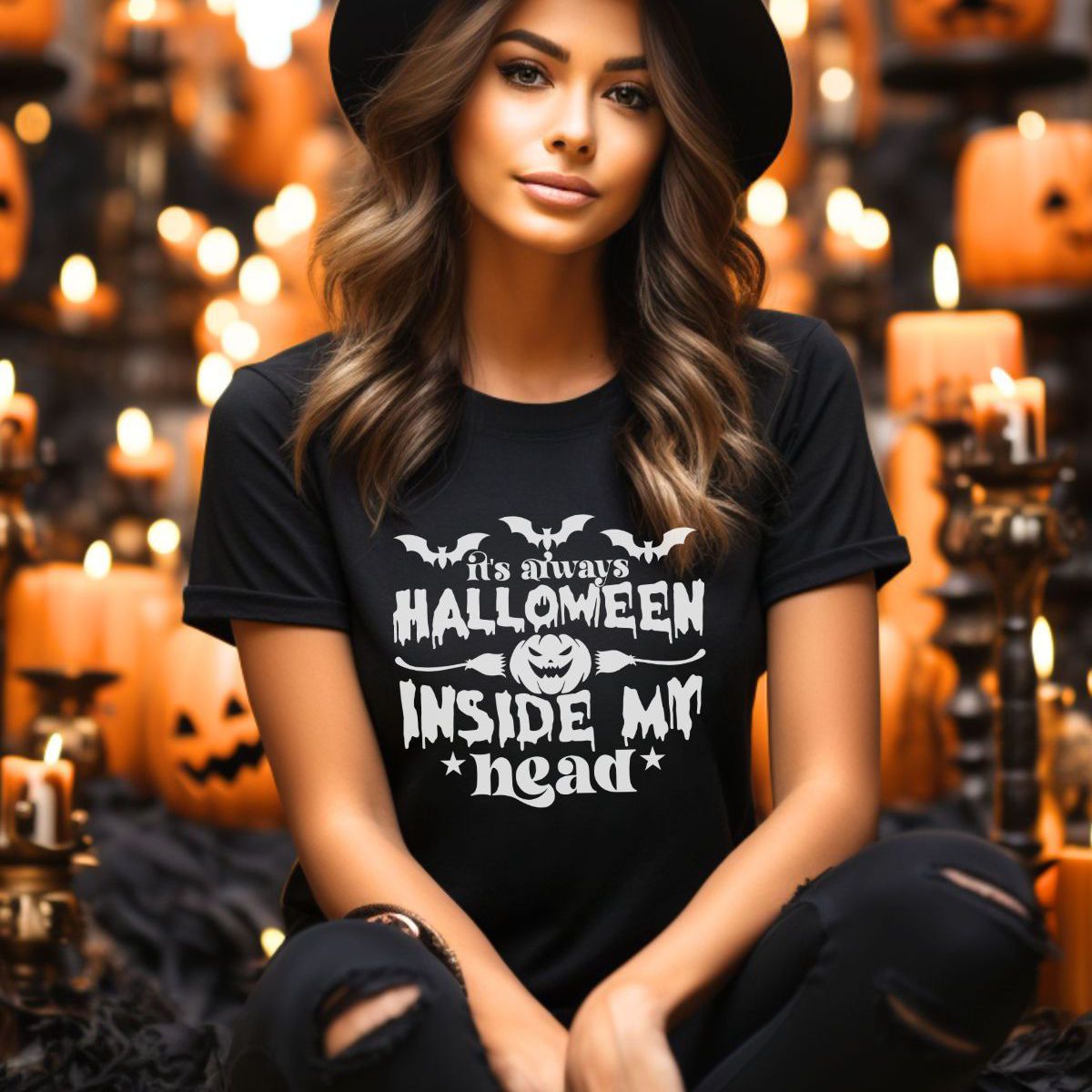 woman wearing Halloween themed t-shirt with pumpkins