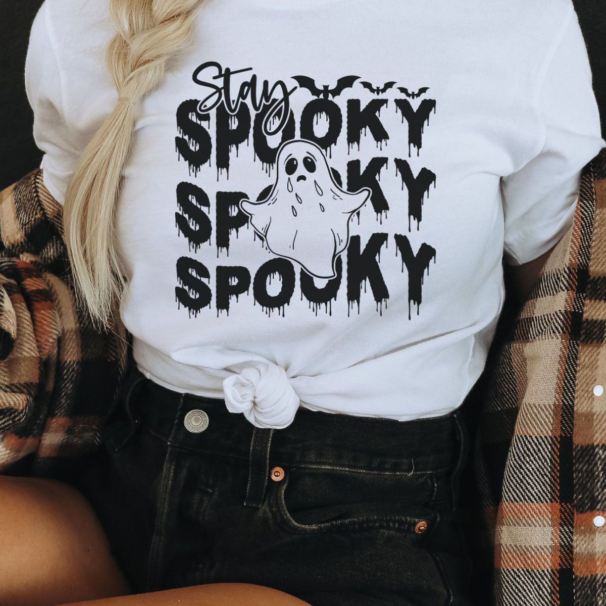 Stay Spooky ghost t-shirt with plaid jacket