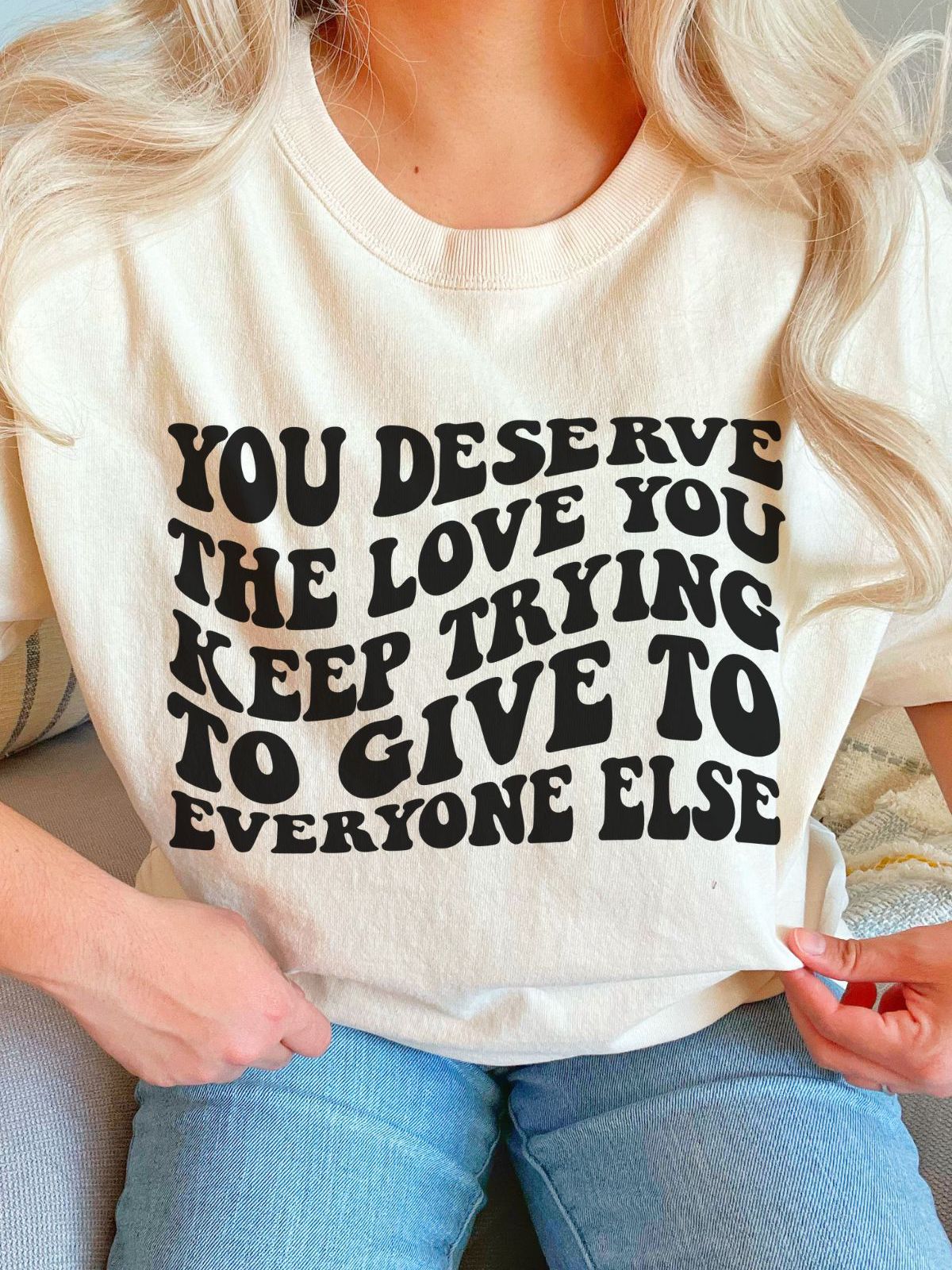 woman wearing love quote t-shirt