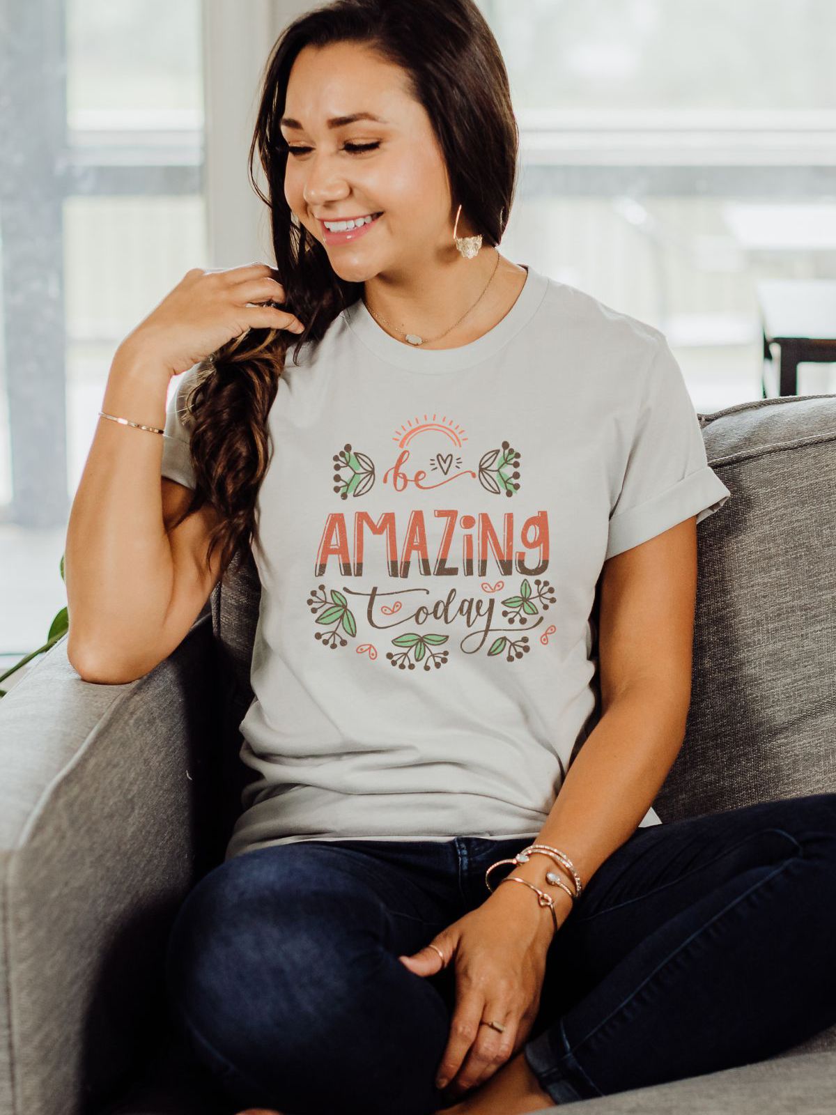 woman wearing be amazing today t-shirt