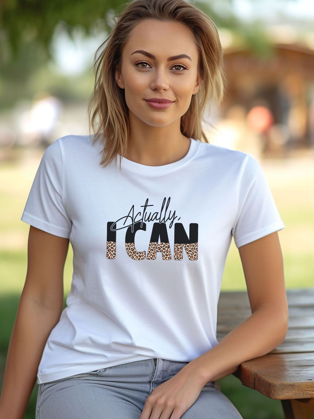 woman wearing Actually I Can white t-shirt