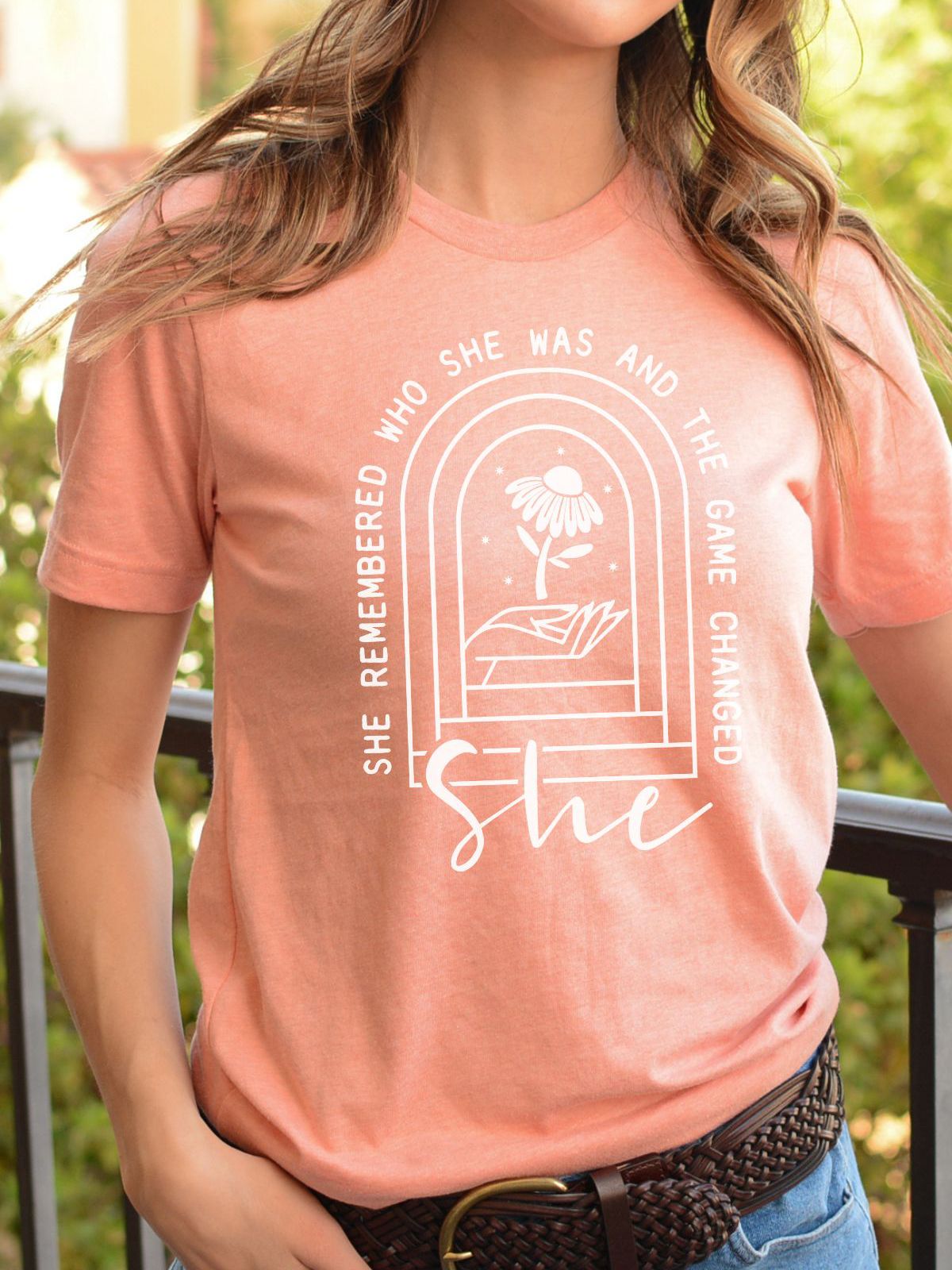 woman wearing inspirational she remembered peach t-shirt