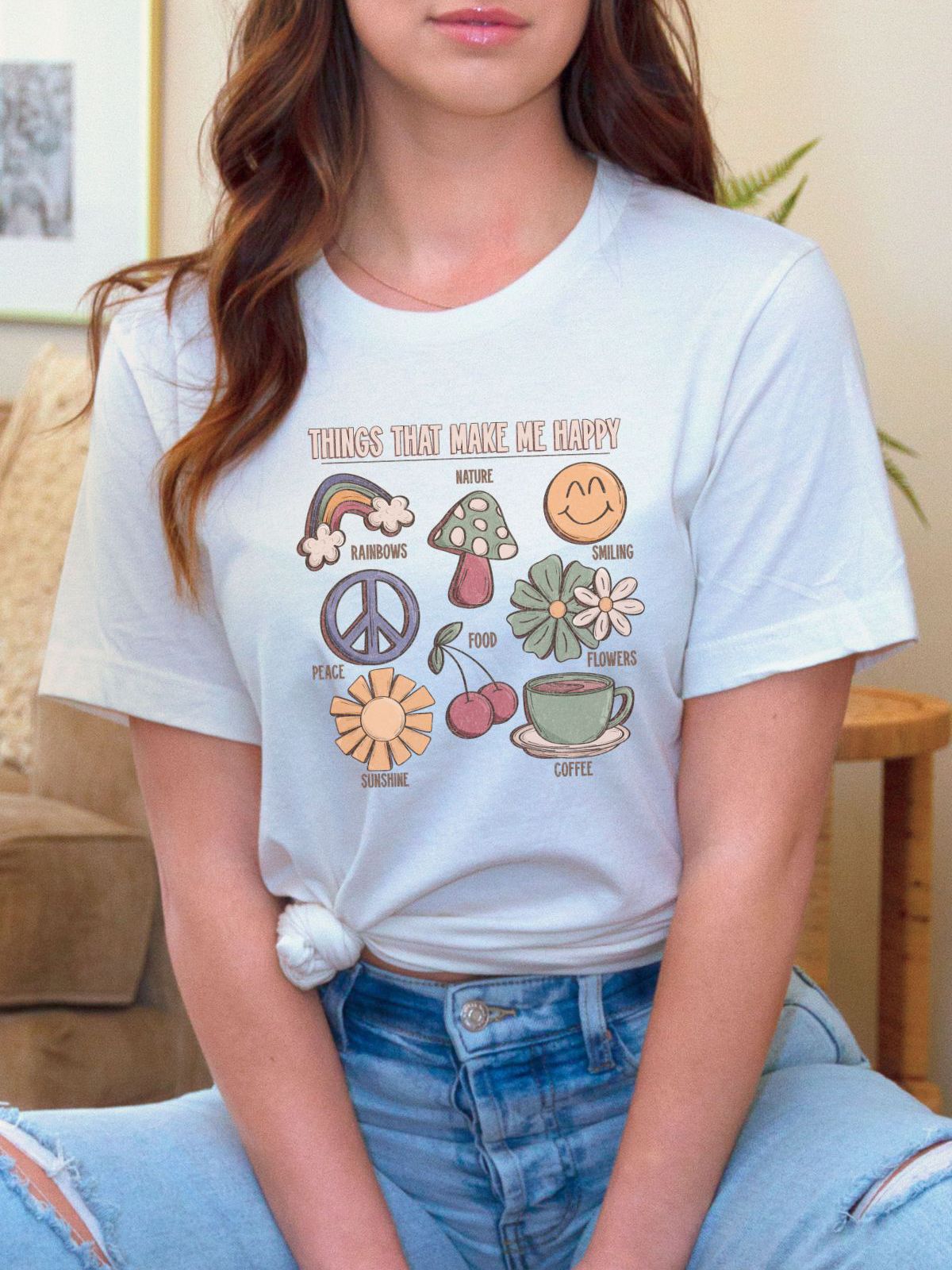 graphic tshirt with peace sign rainbow and smiley face