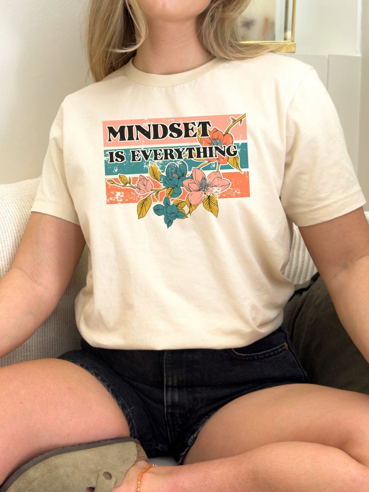 womens t shirt with mindset is everything text and floral design