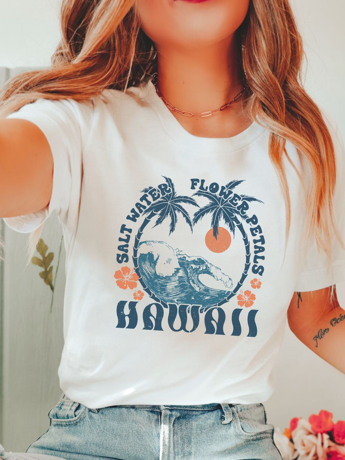Hawaii themed white t-shirt with palm trees and waves