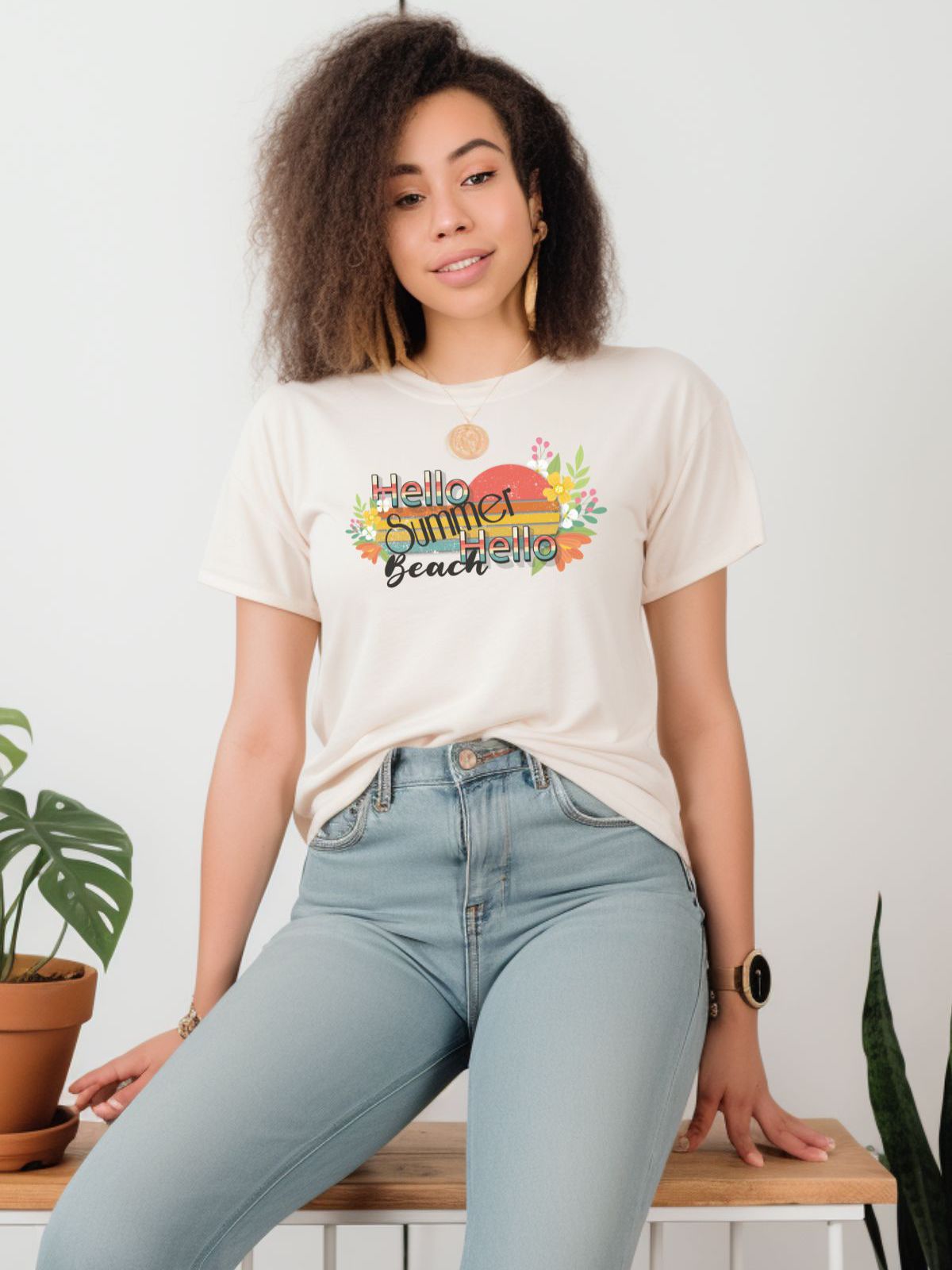 woman wearing hello summer hello beach t-shirt