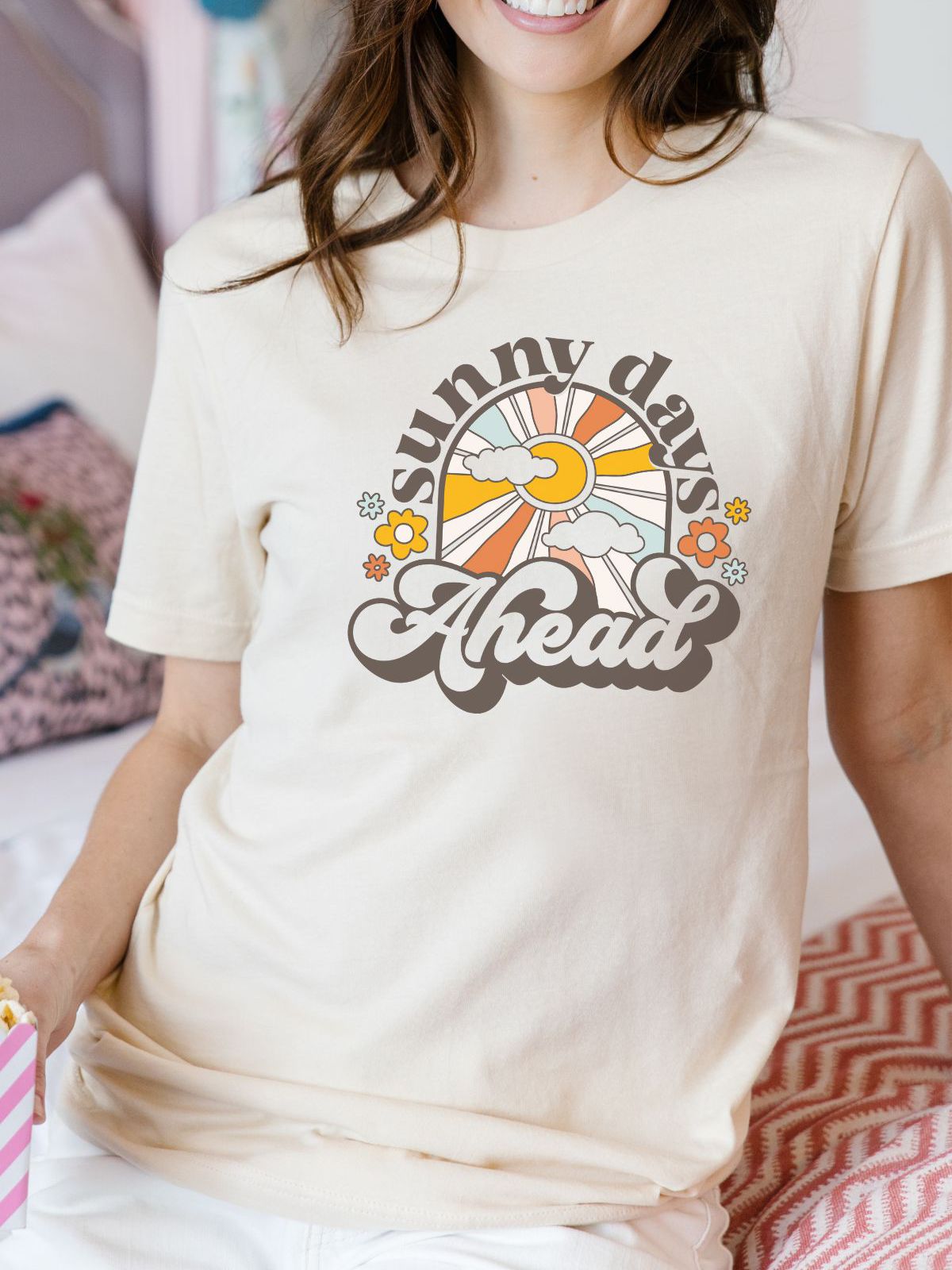 Woman wearing Sunny Days Ahead t-shirt