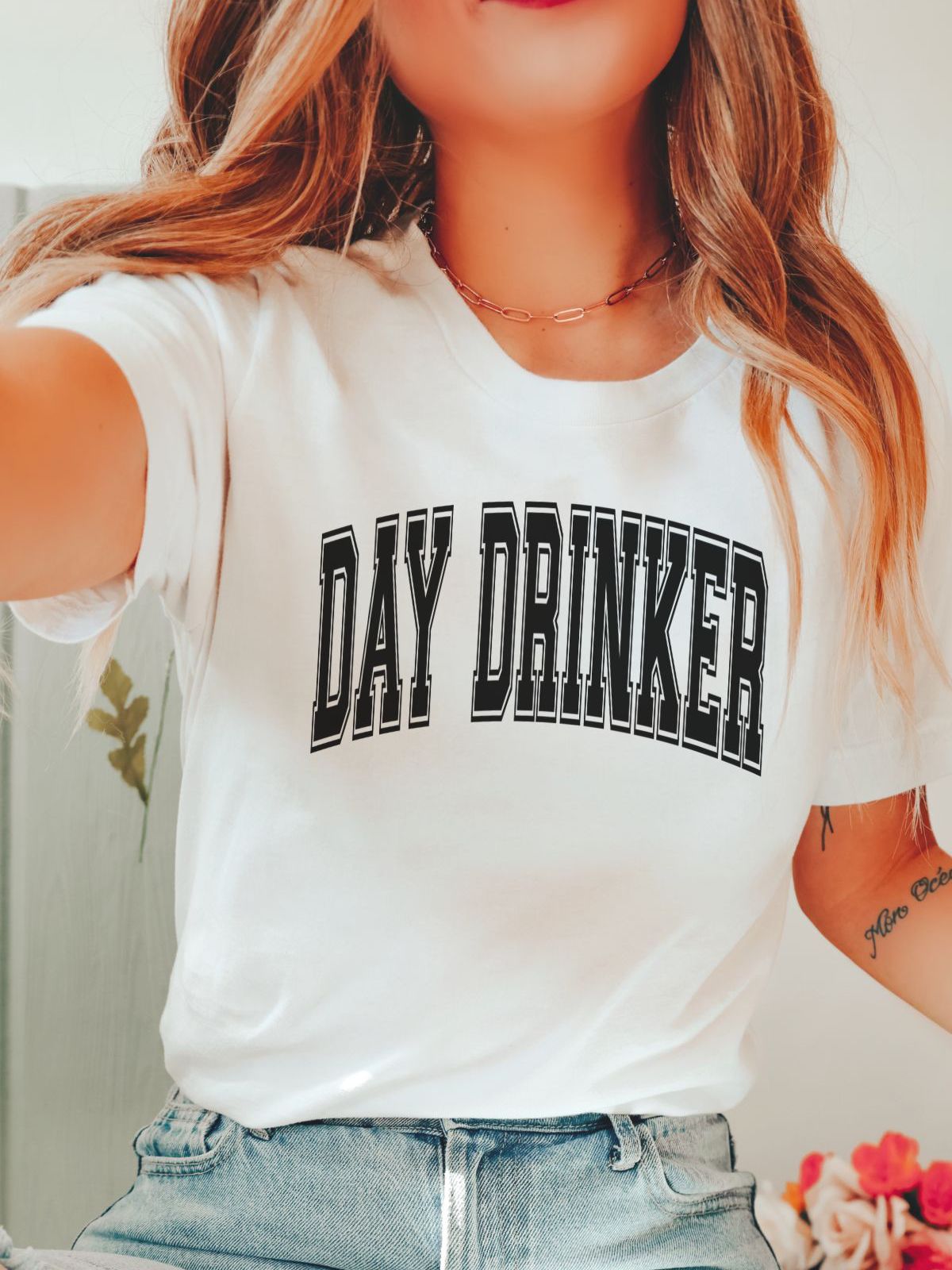 White t-shirt with Day Drinker text in black