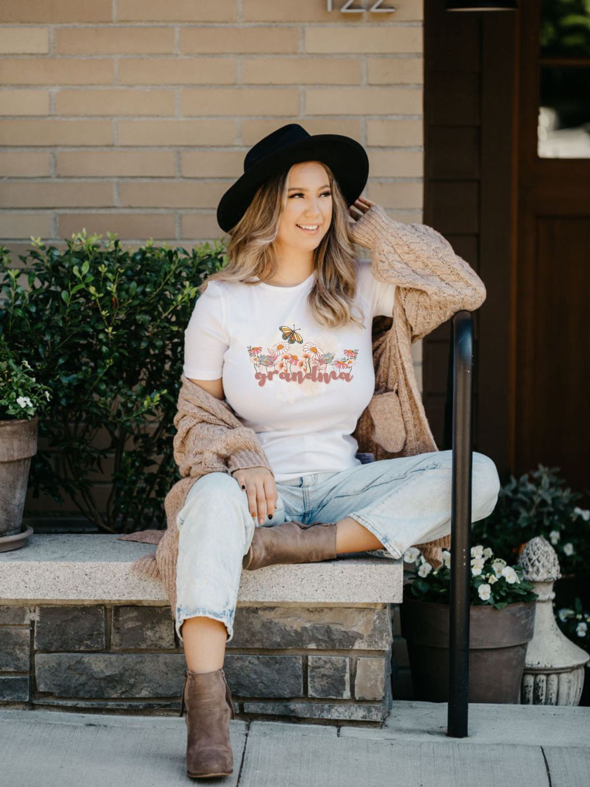 Grandma Butterfly and Flowers Graphic Tee