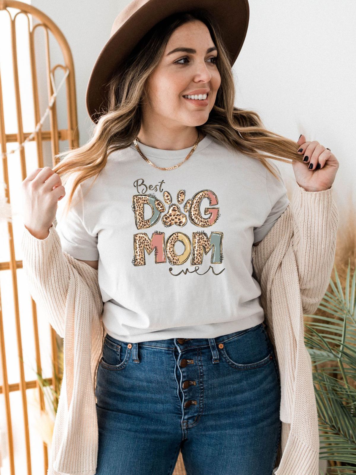 woman wearing Best Dog Mom ever graphic t-shirt