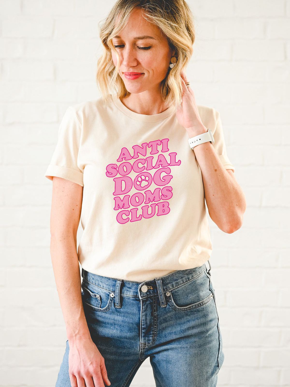 woman wearing Anti Social Dog Moms Club t-shirt