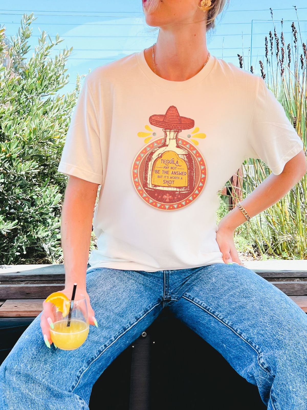 woman wearing tequila graphic t-shirt