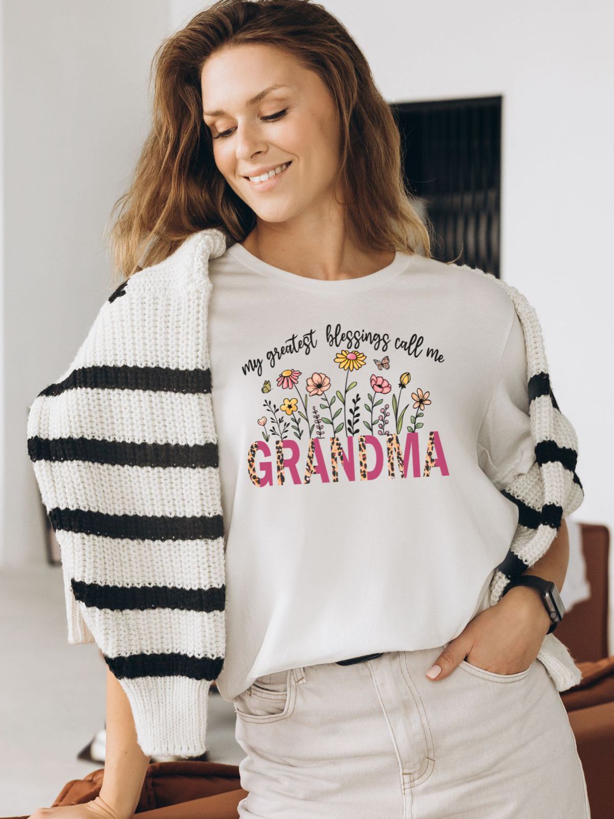 Woman wearing white t-shirt with floral grandma print