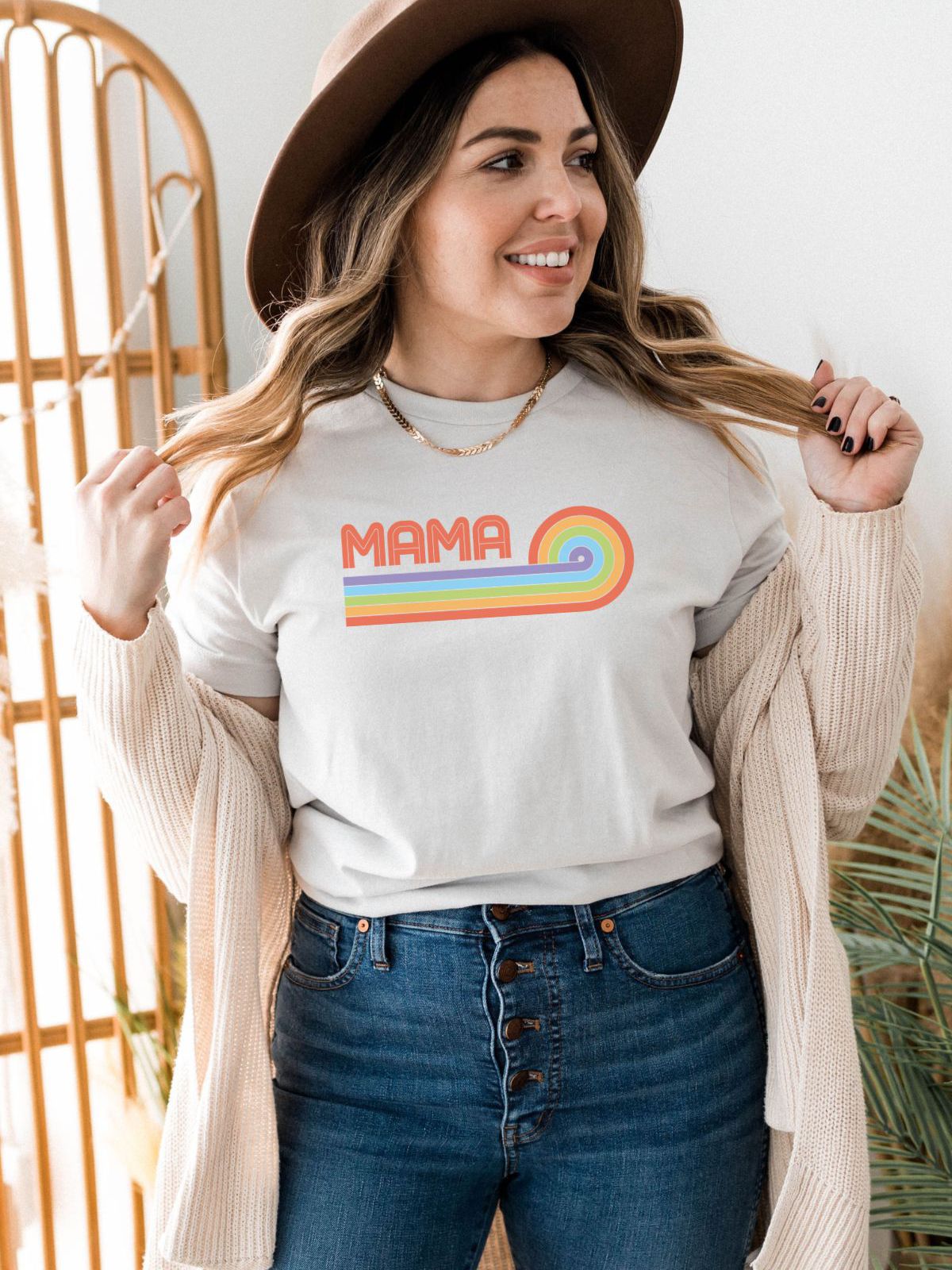 Woman wearing a retro mama graphic t-shirt