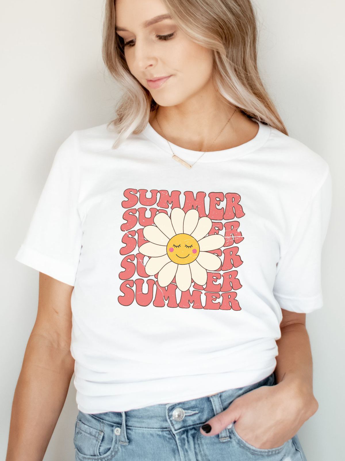 woman wearing a summer themed t-shirt with flower design