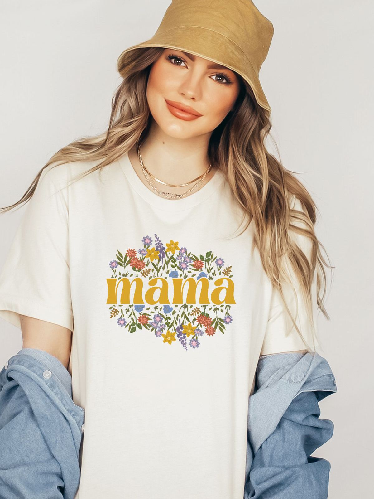 woman wearing floral mama t-shirt