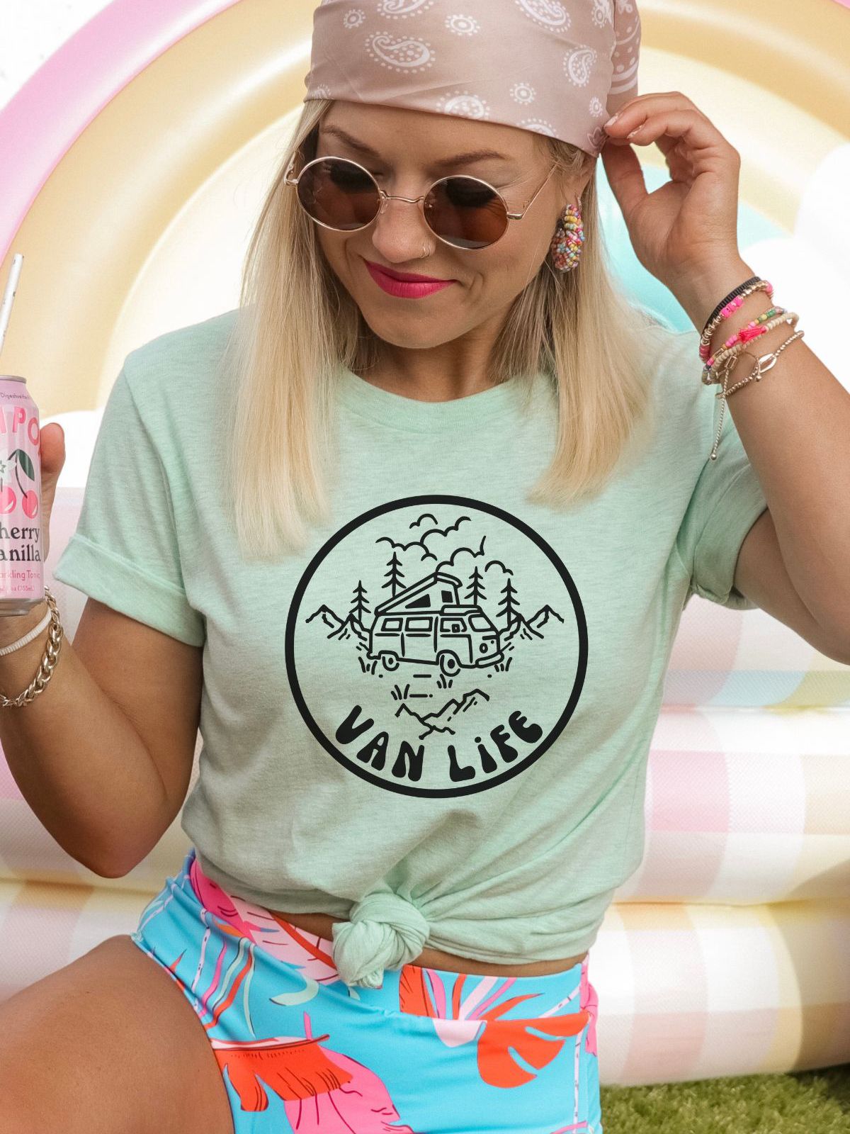 woman wearing van life t-shirt with campervan design