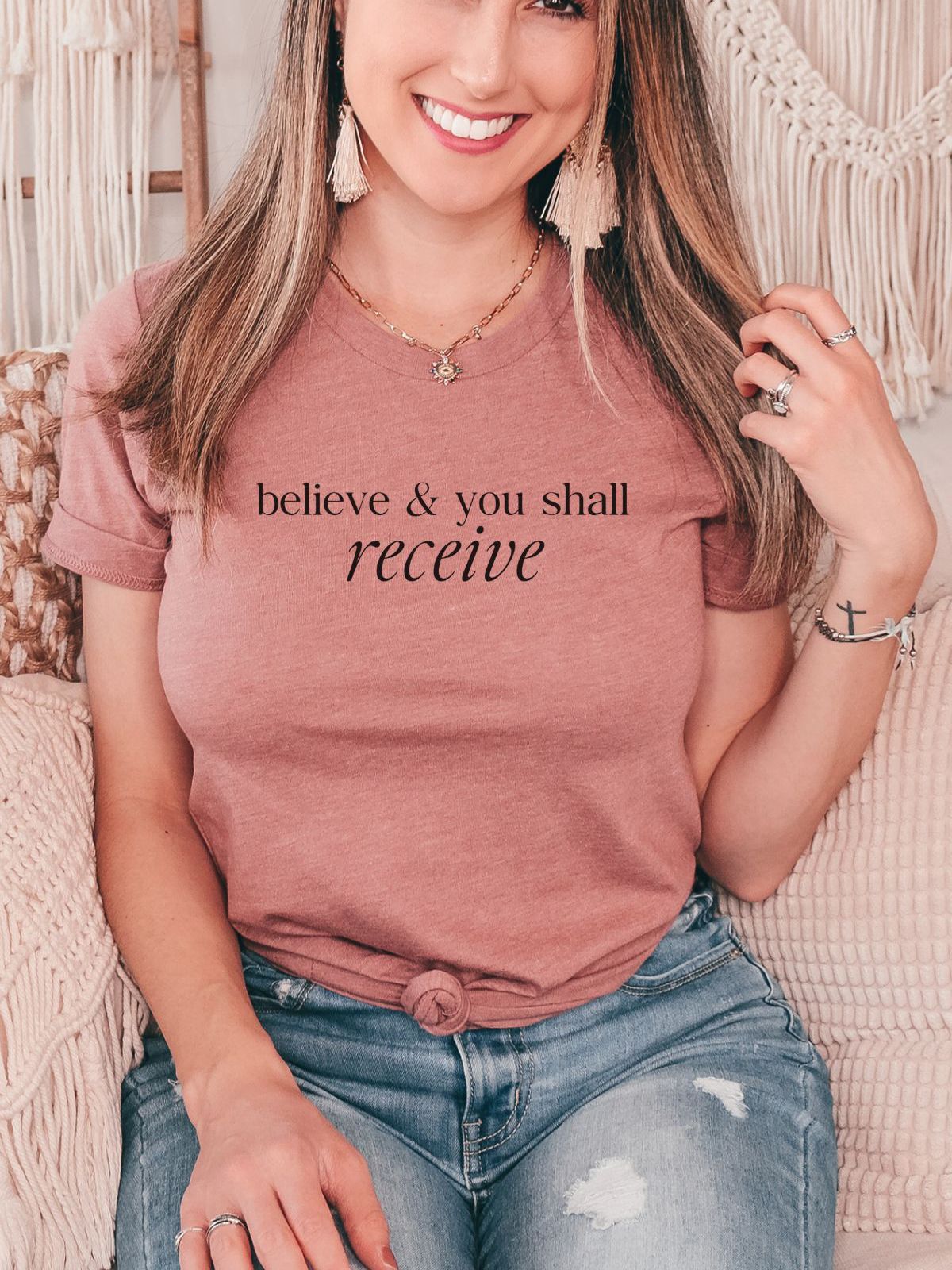 women's t-shirt with believe and you shall receive text