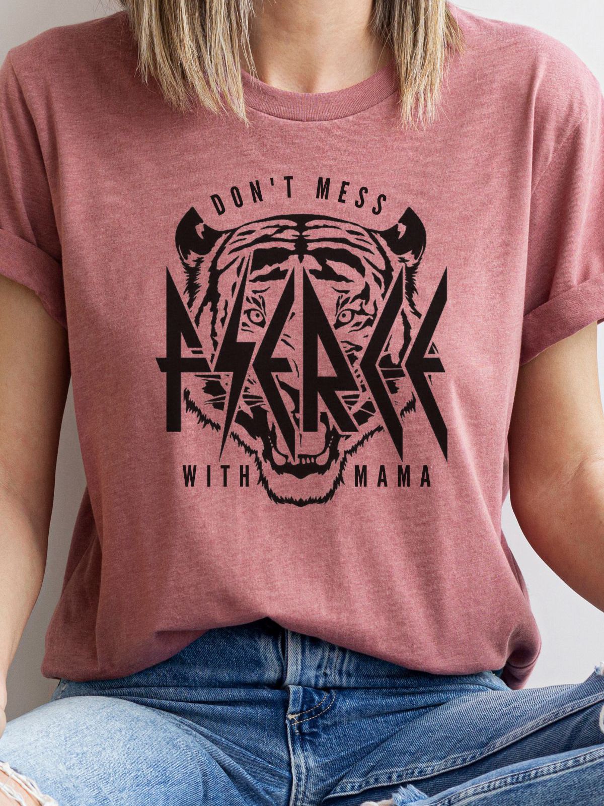 woman wearing a fierce graphic t-shirt with tiger design