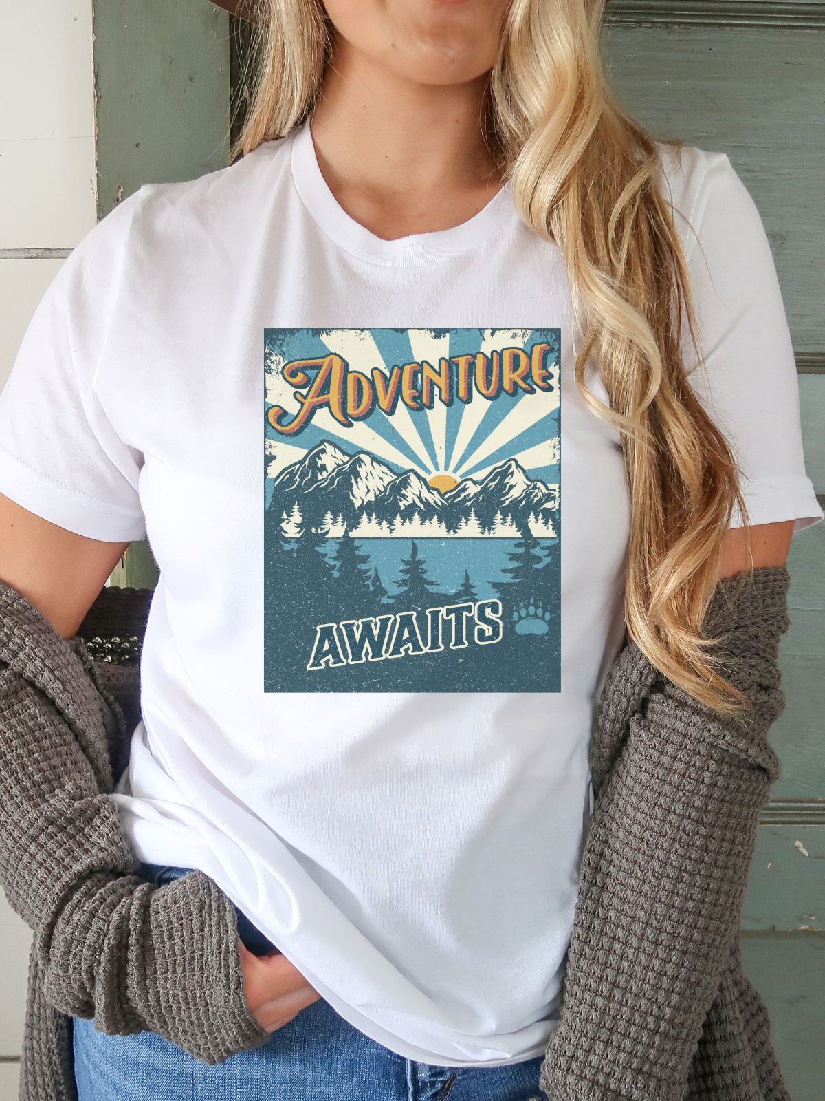 woman wearing Adventure Awaits graphic t-shirt