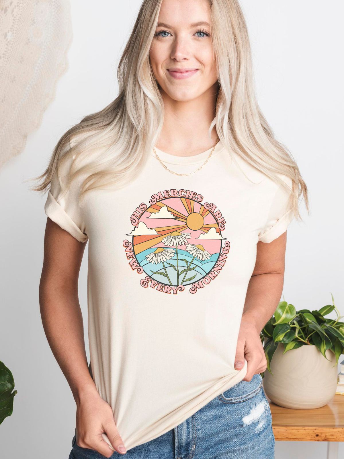 womens t-shirt with colorful sunrise floral design
