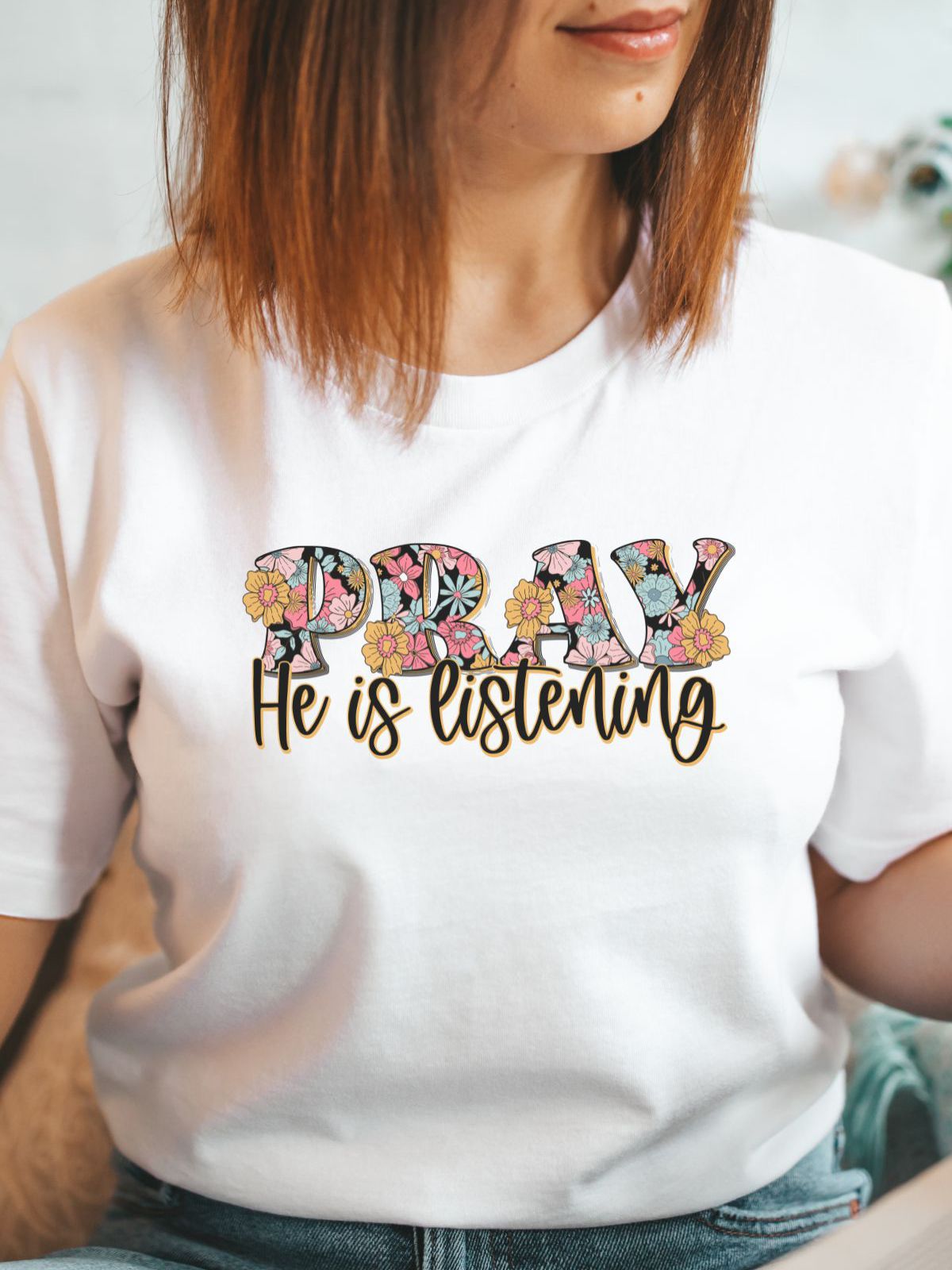 Women's t-shirt with pray he is listening design