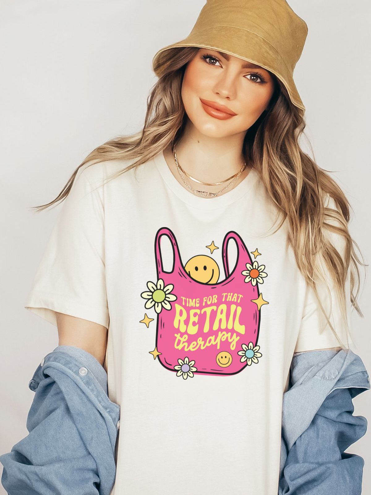 woman wearing a retail therapy themed t-shirt
