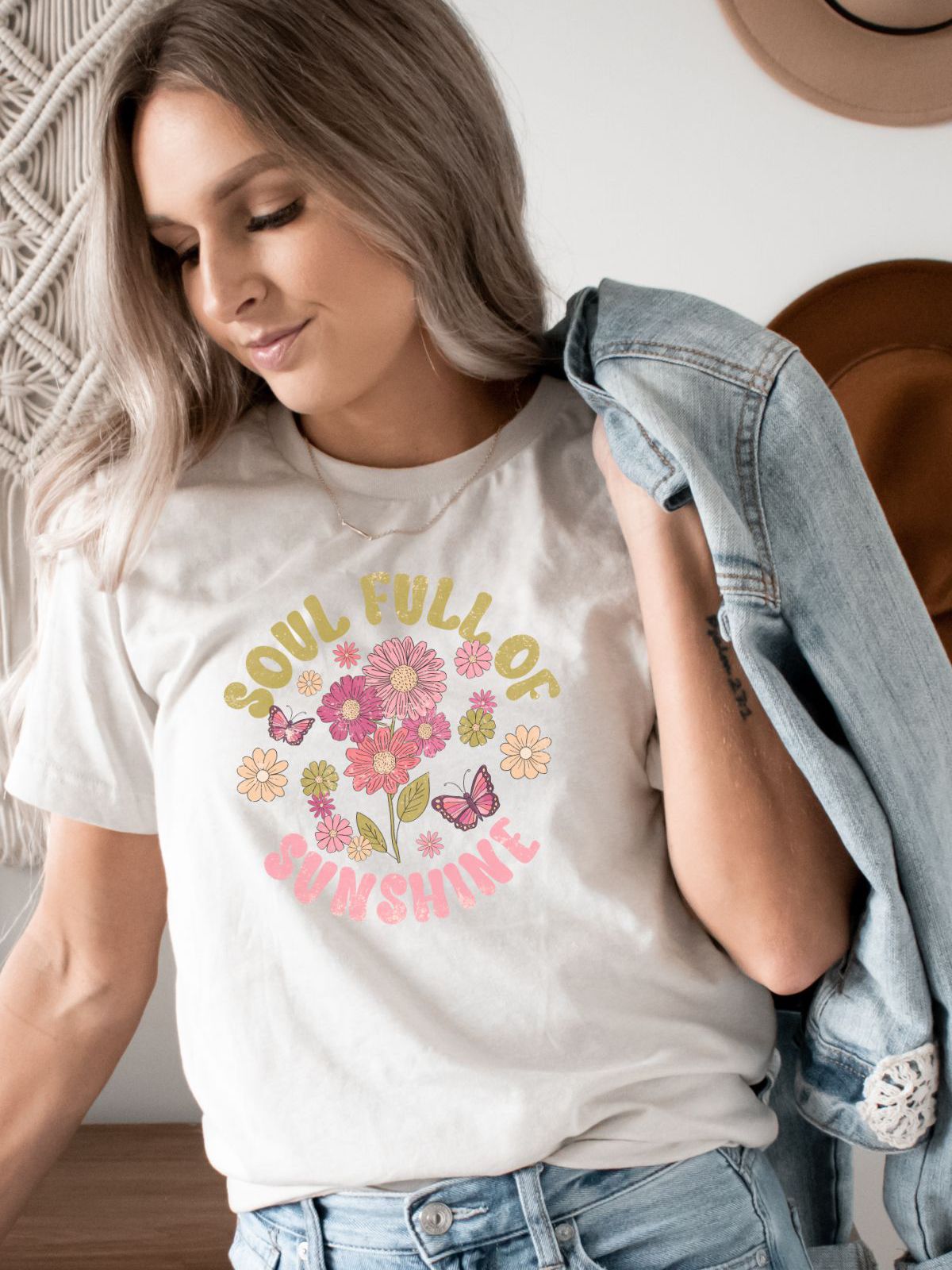 woman wearing a soul full of sunshine text t-shirt