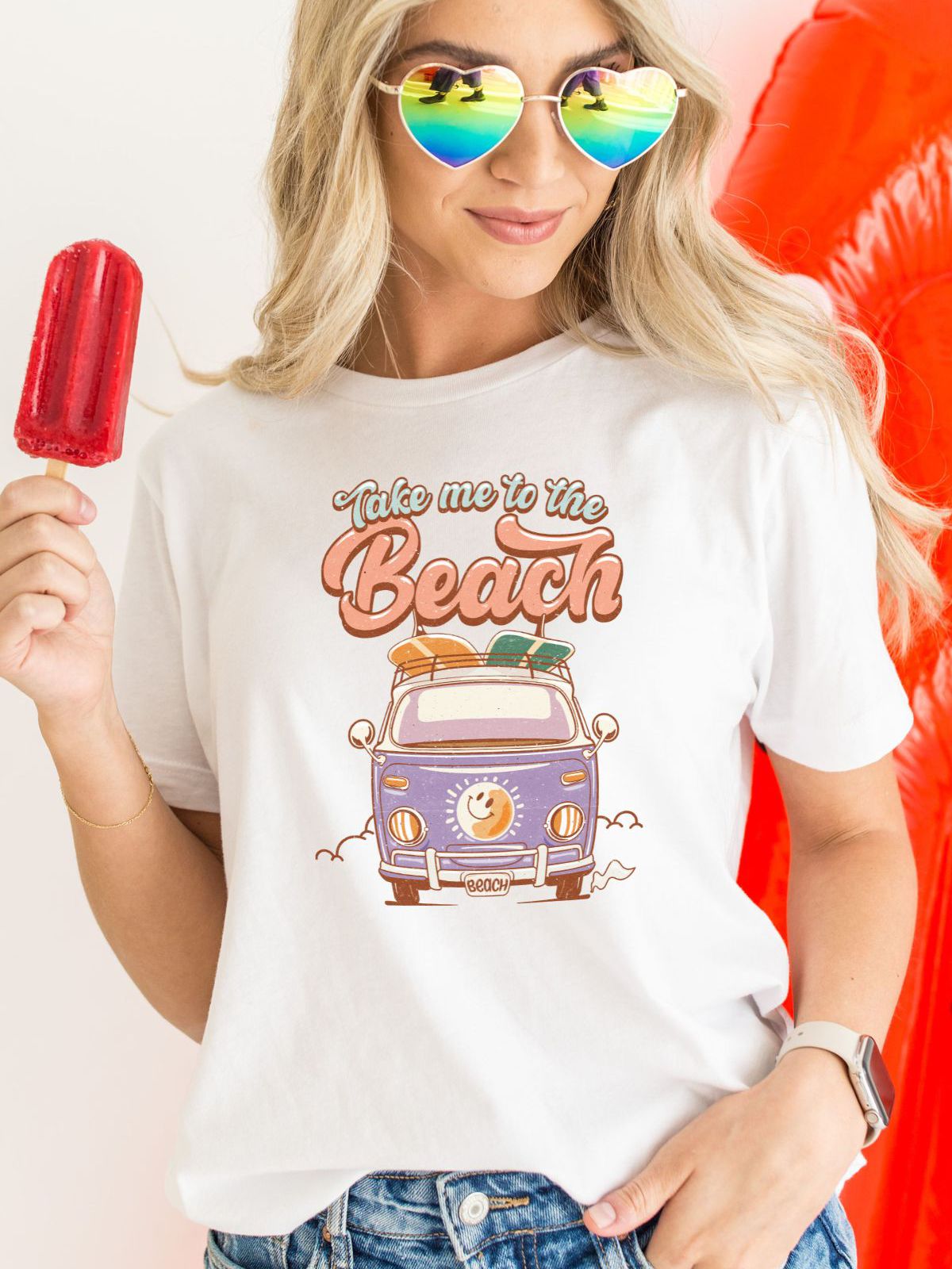woman wearing take me to the beach t-shirt
