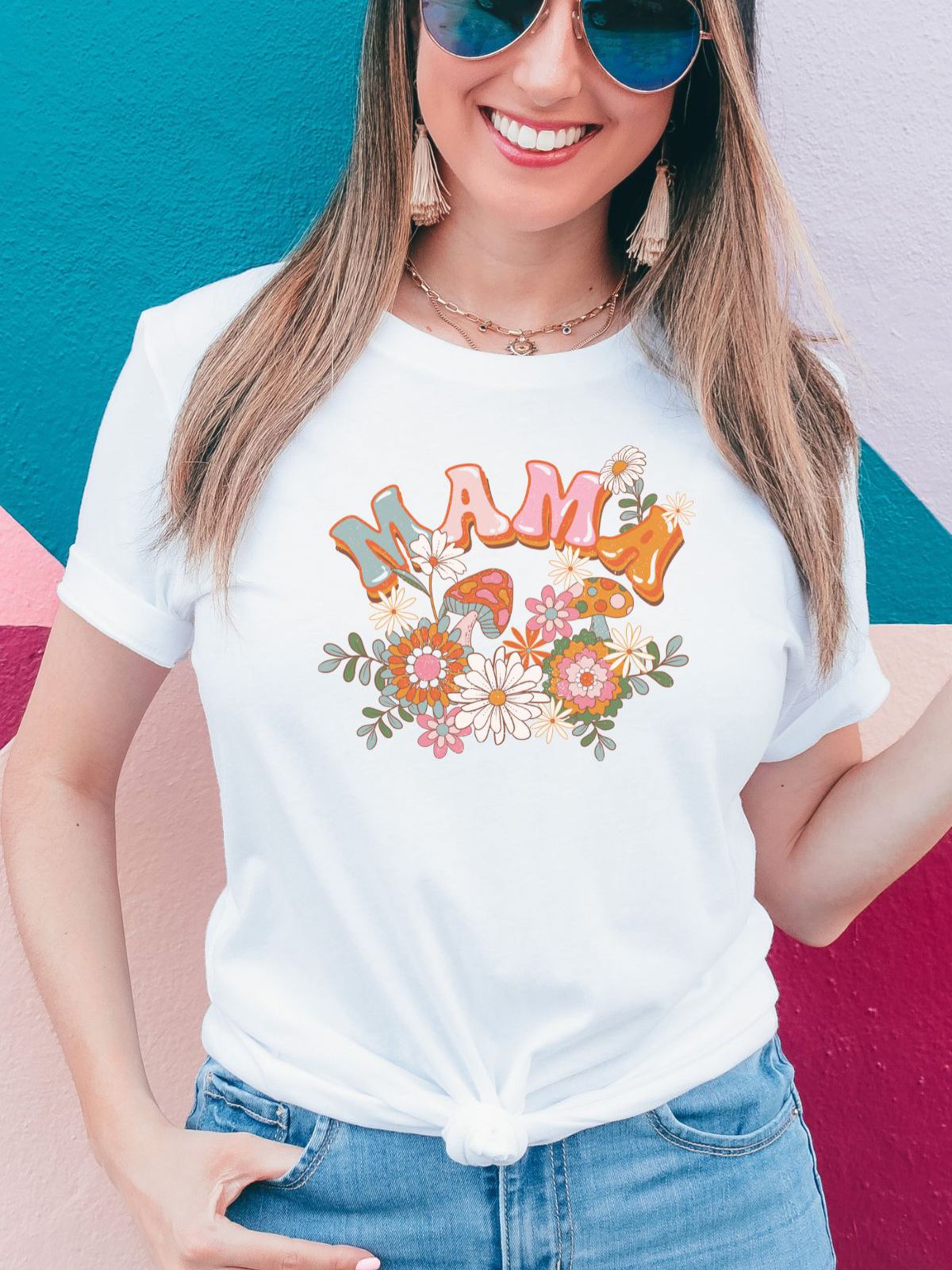 Woman wearing Mama floral print t-shirt