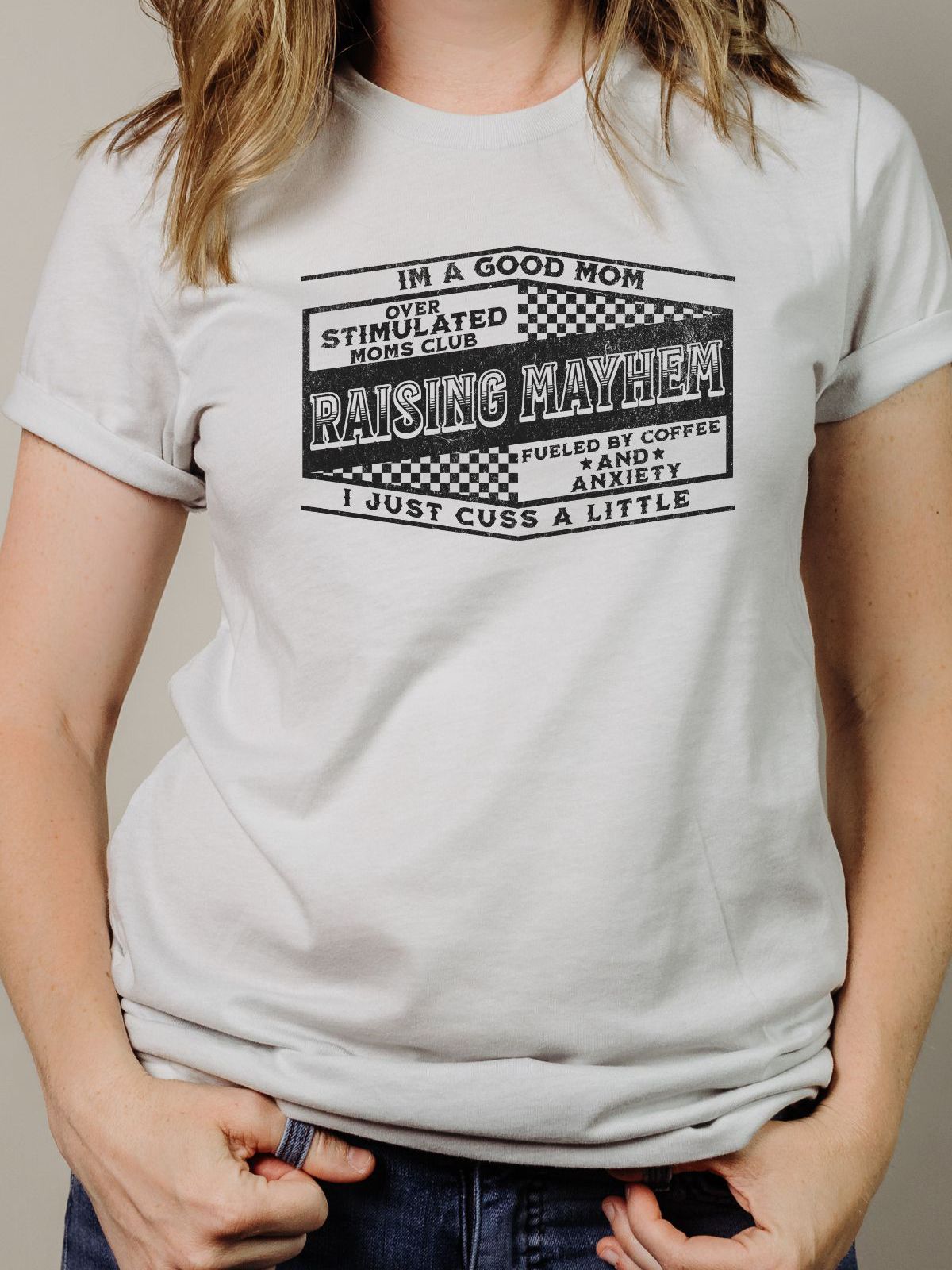 White T-shirt with Raising Mayhem text design