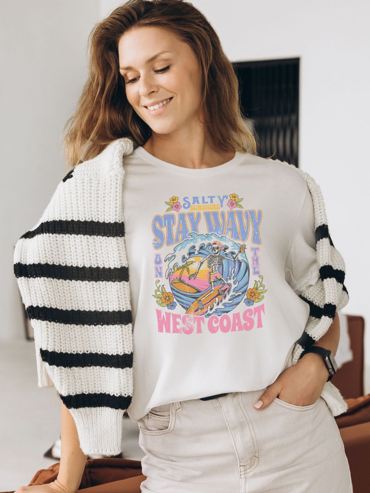 woman wearing stay wavy west coast t-shirt