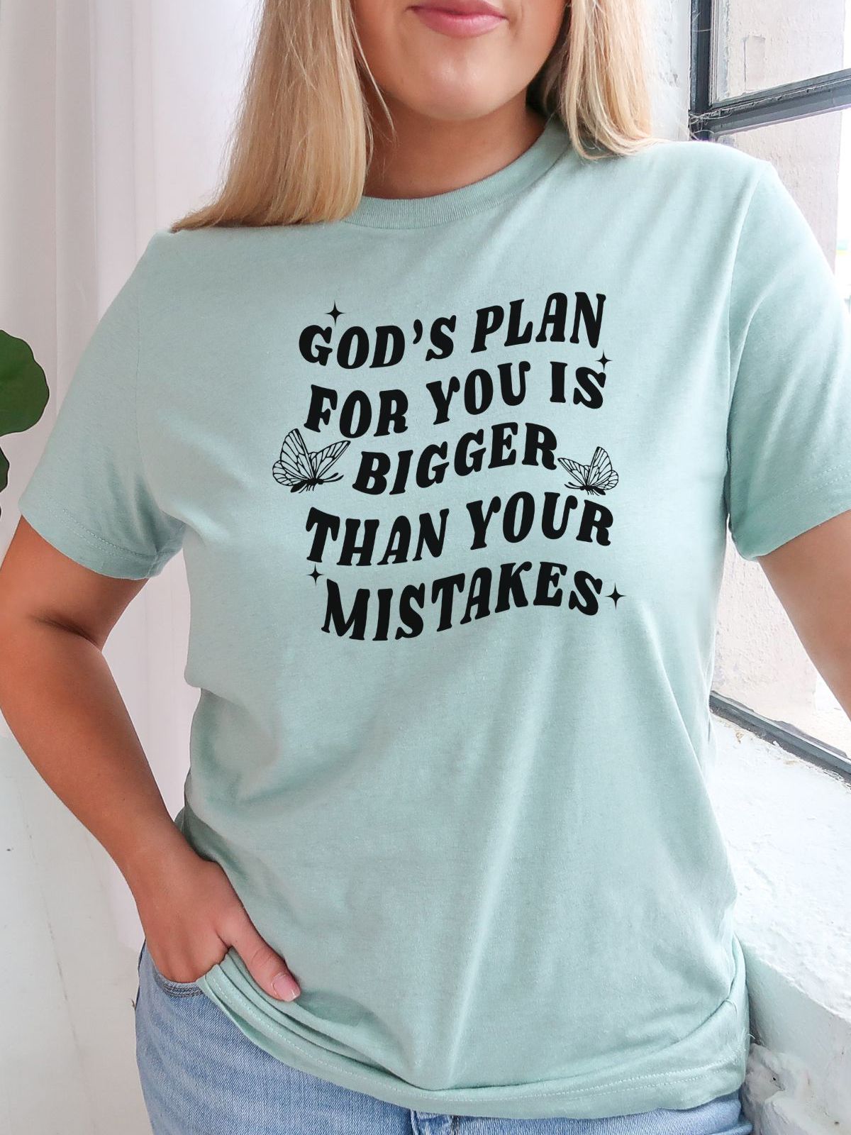 Woman wearing Gods Plan inspirational t-shirt
