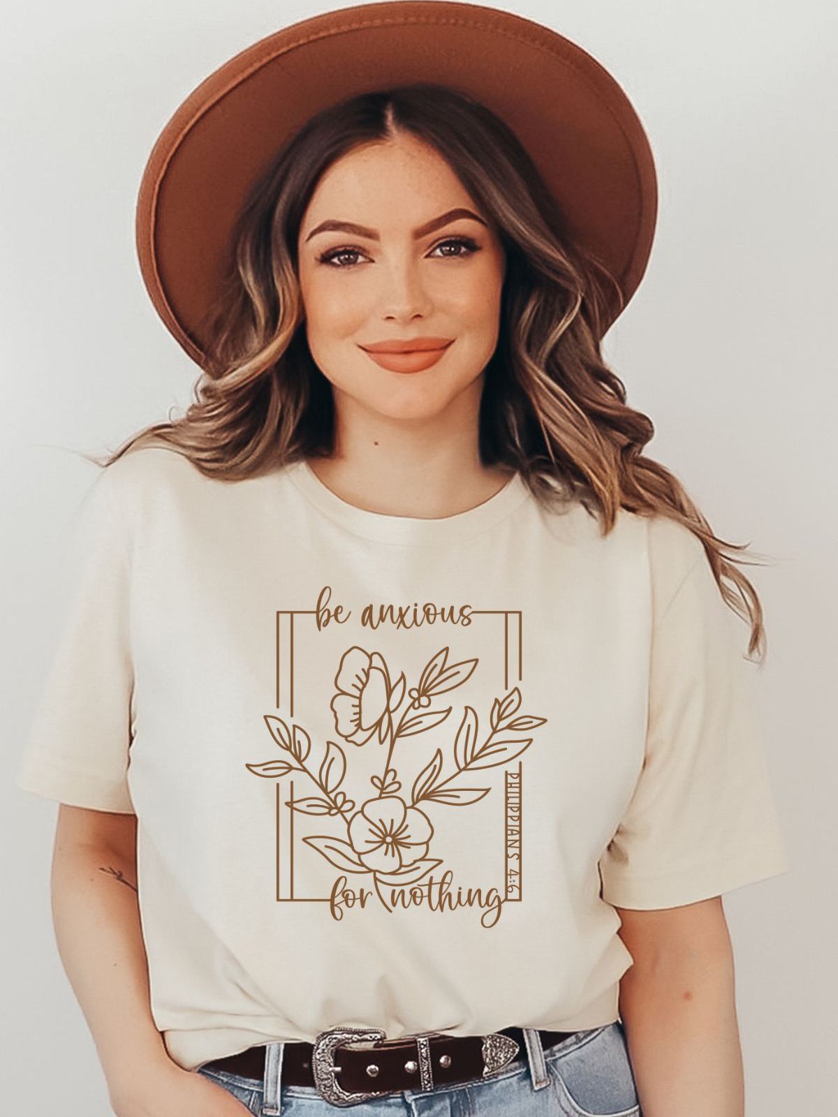 woman wearing a t-shirt with be anxious for nothing design