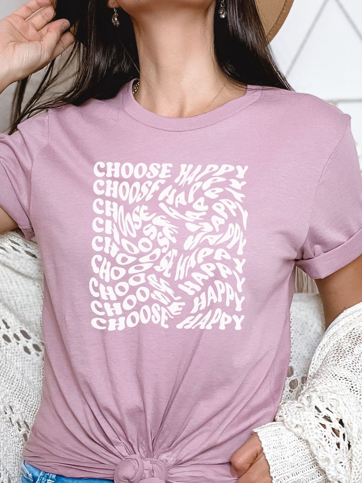 Woman wearing pink Choose Happy t-shirt