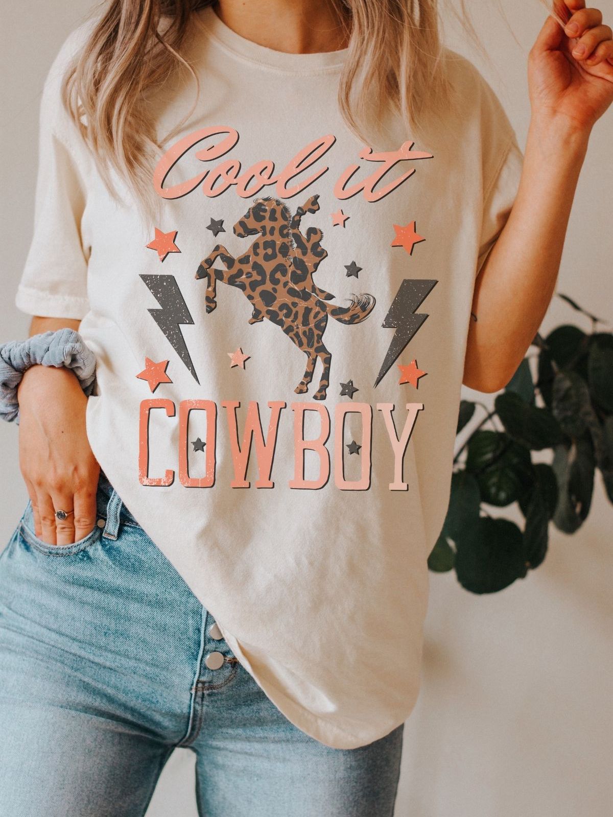 Cool It Cowboy graphic t-shirt with star and lightning design
