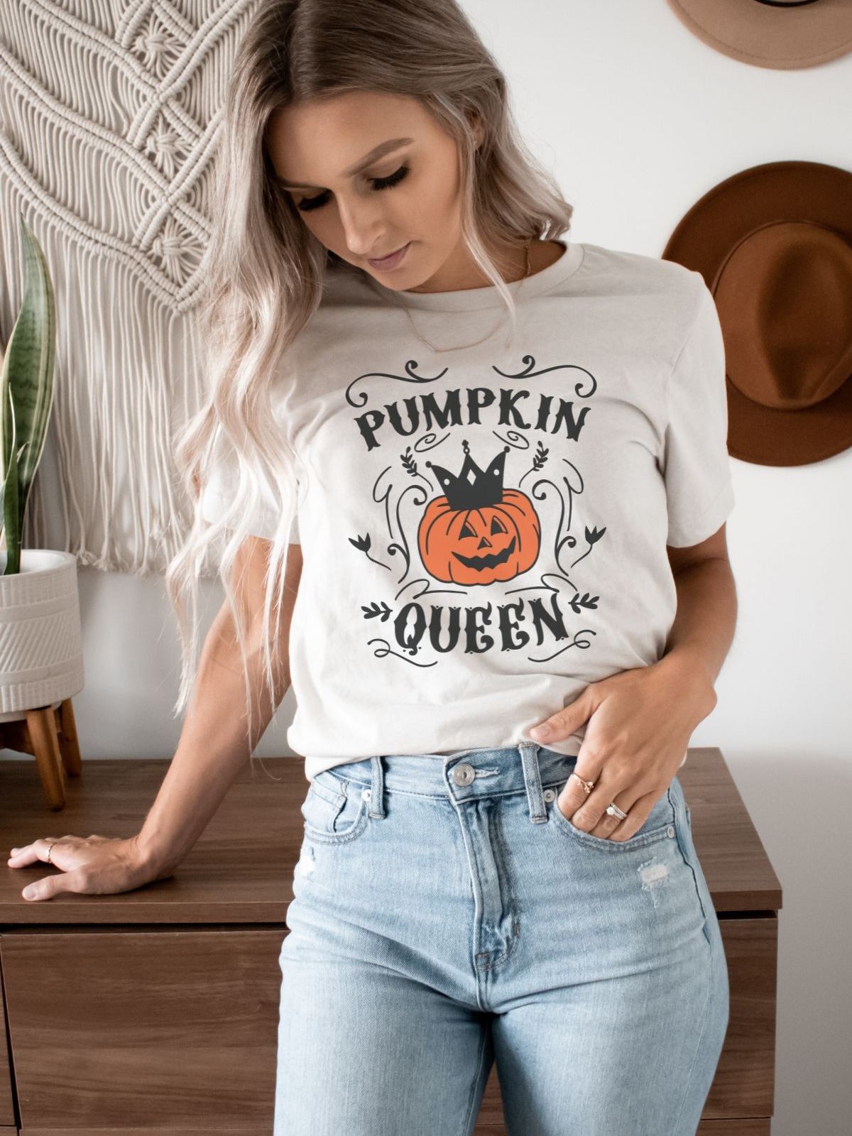 woman wearing Pumpkin Queen Halloween t-shirt