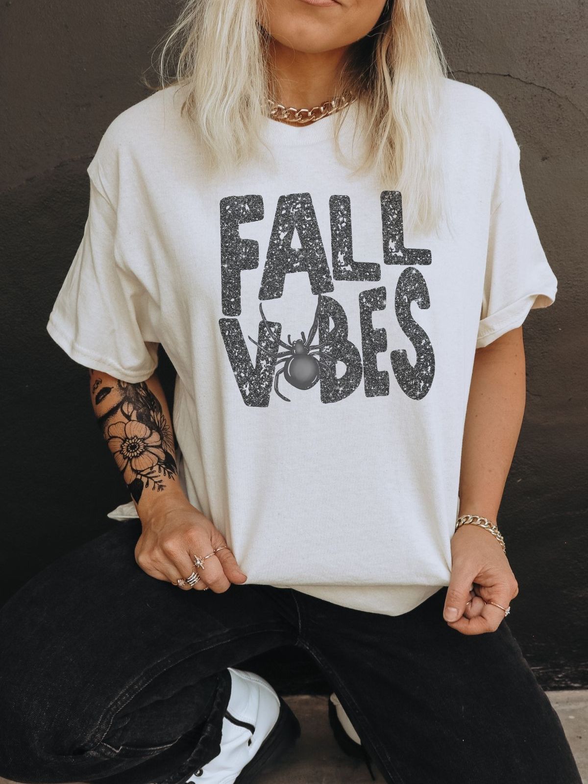 Fall Vibes t-shirt with spider design