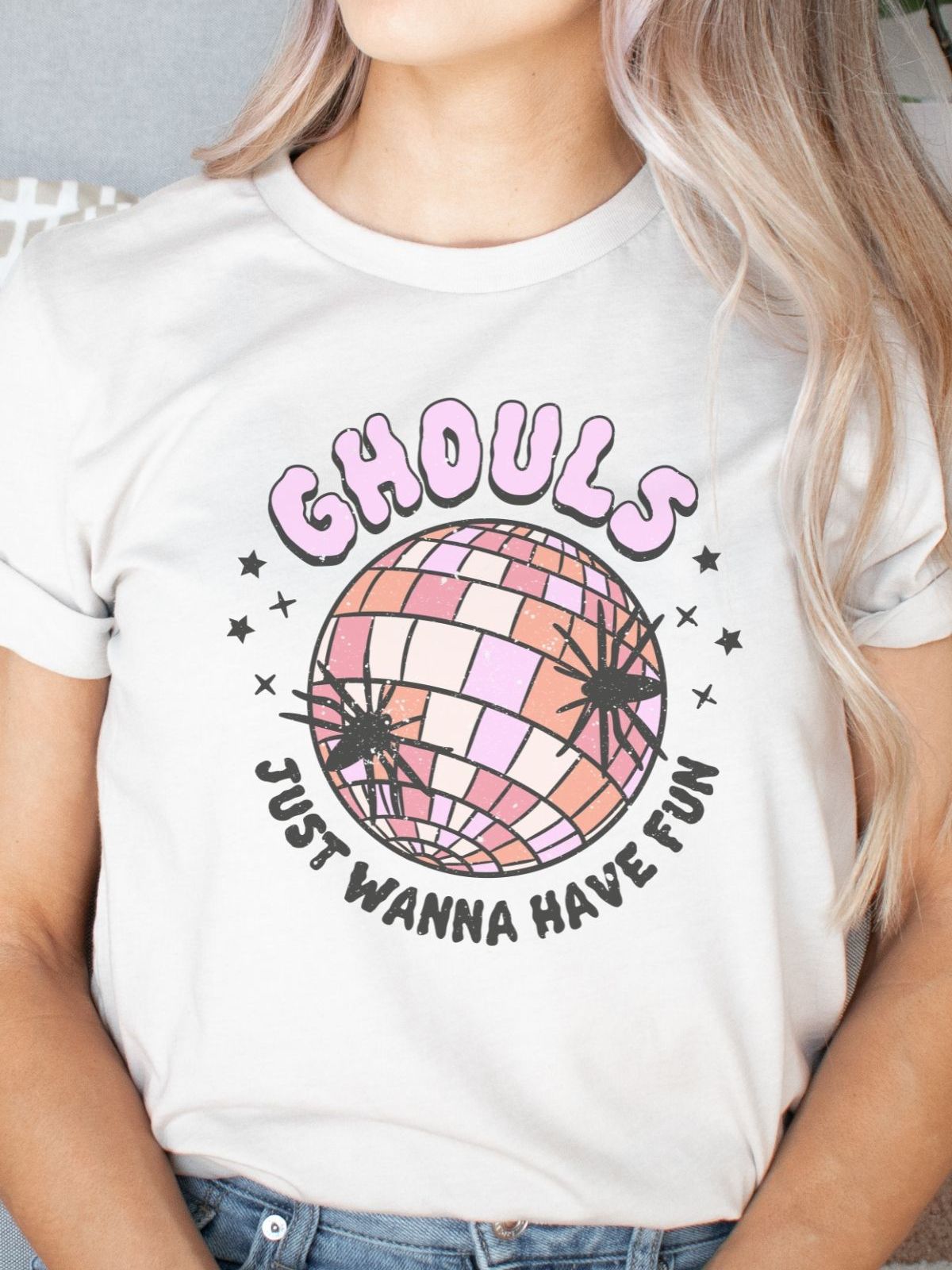 womens tshirt with ghouls just wanna have fun disco ball design