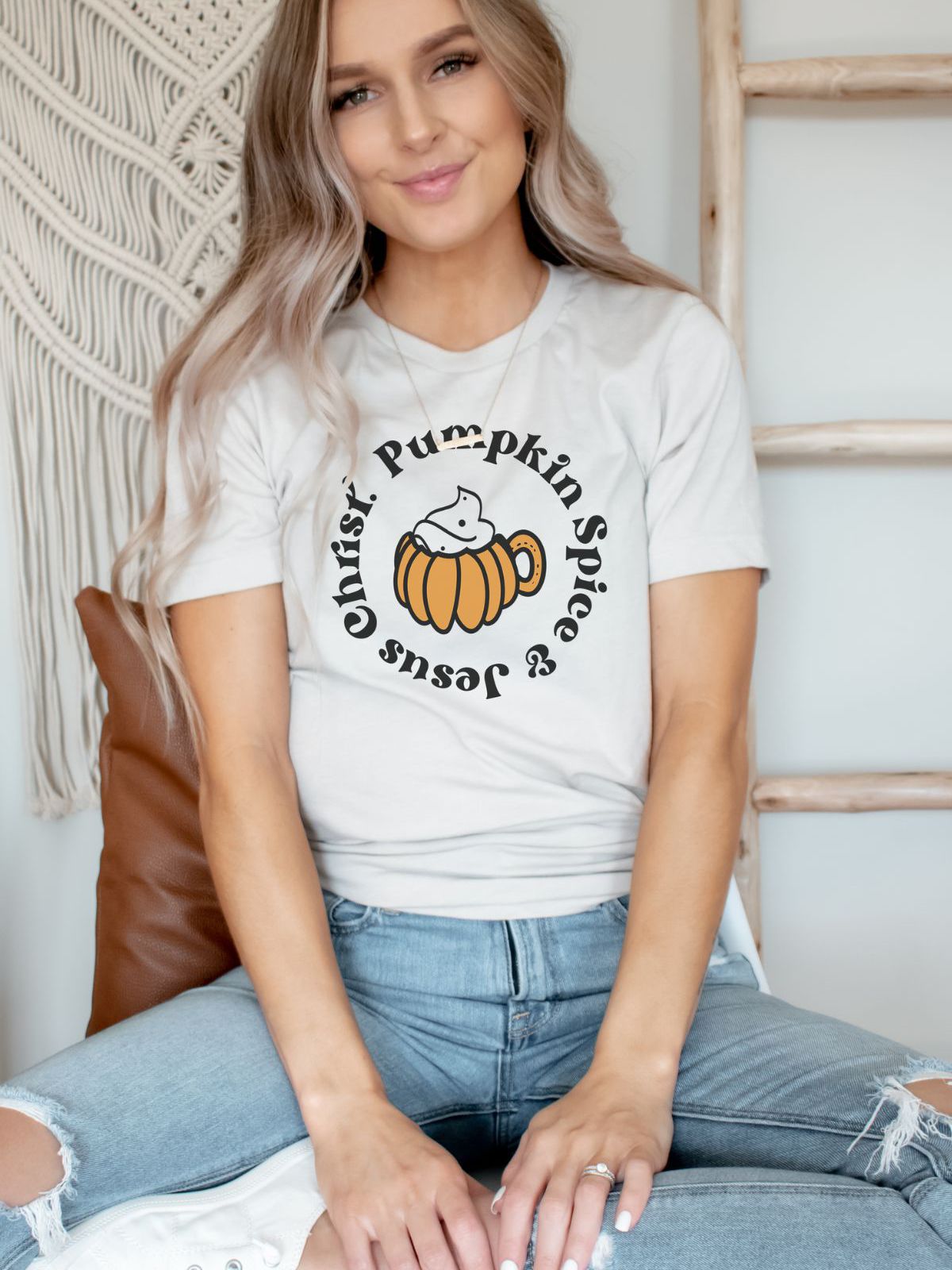 woman wearing Pumpkin Spice Jesus t-shirt