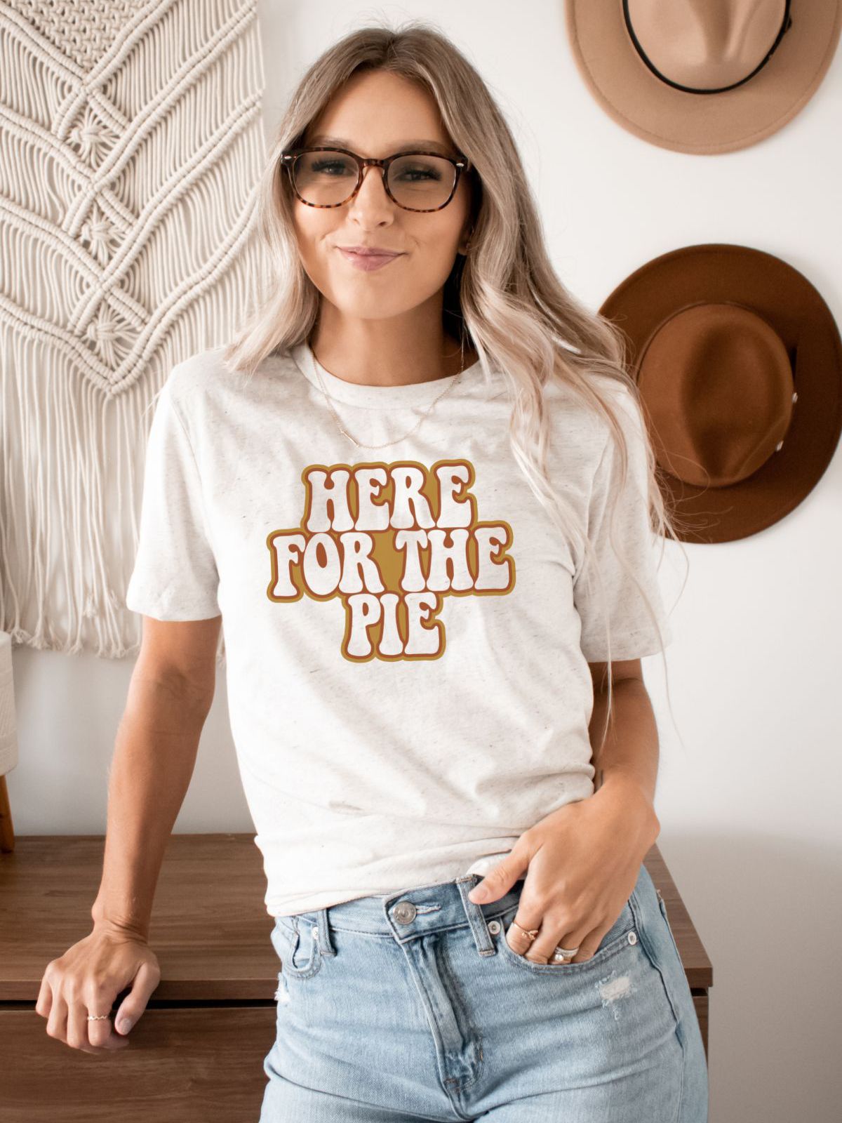 woman wearing Here For The Pie t-shirt