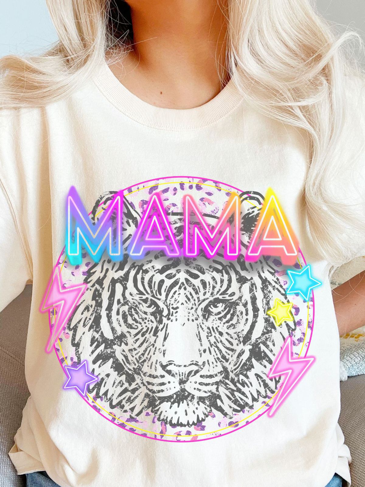 T-shirt with neon Mama text and tiger design