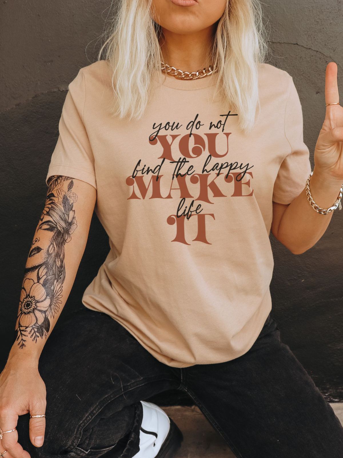 Beige T-shirt with inspirational quote You Make It design
