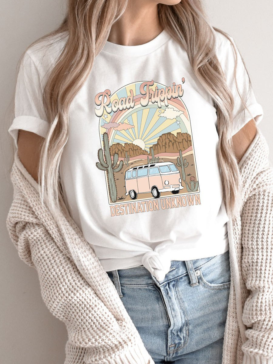White t-shirt with Road Trippin graphic and van design