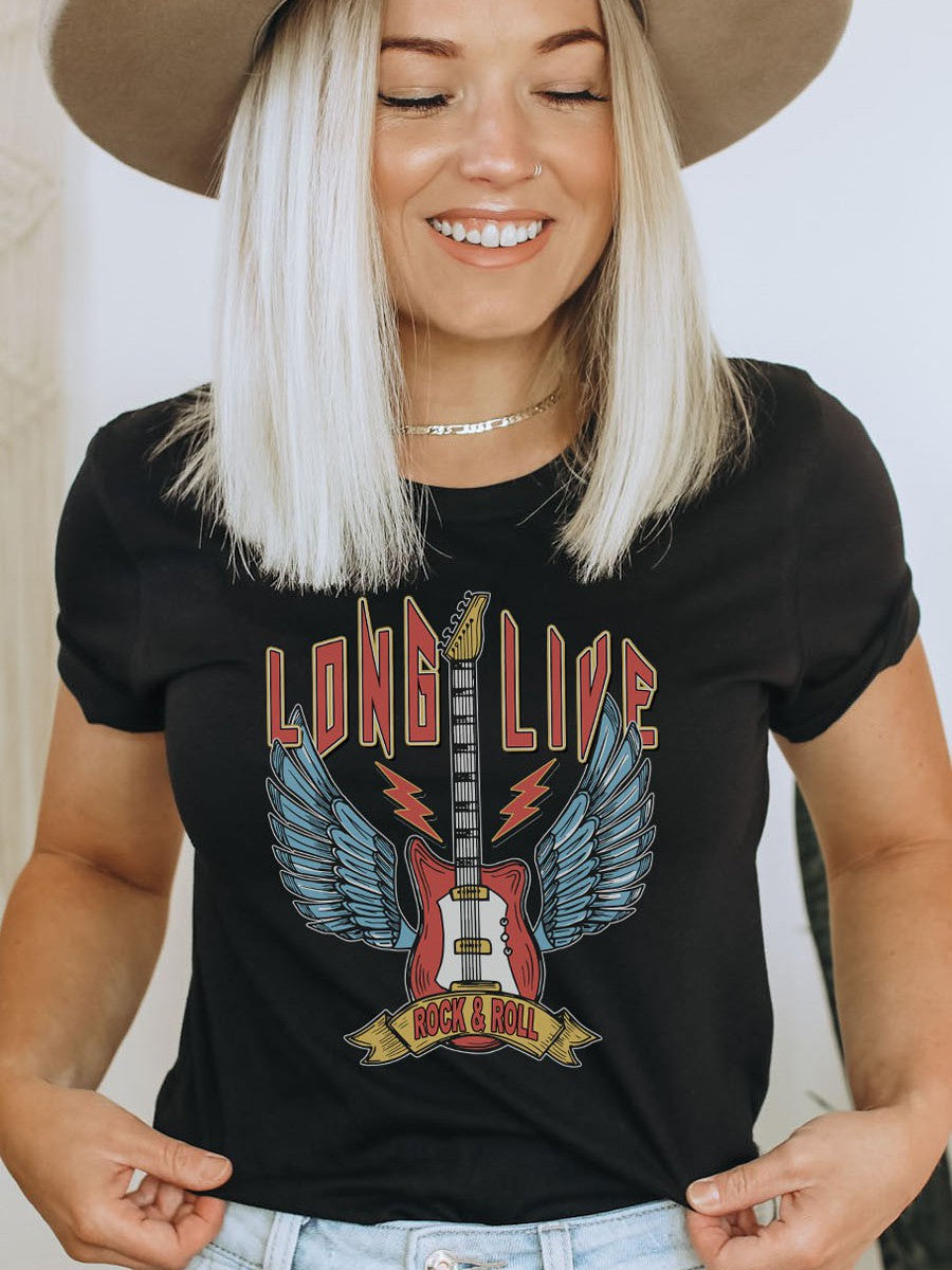 woman wearing Long Live Rock and Roll graphic t-shirt