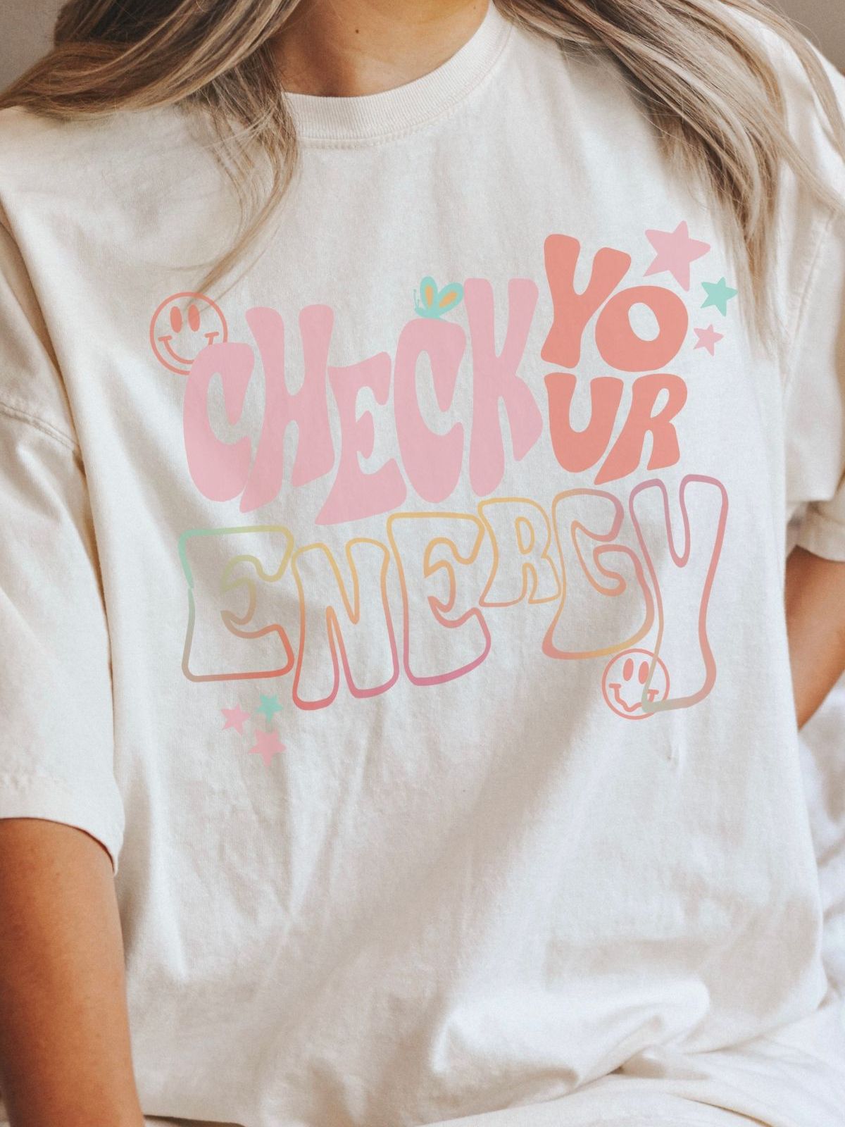 Check Your Energy t-shirt with colorful text design